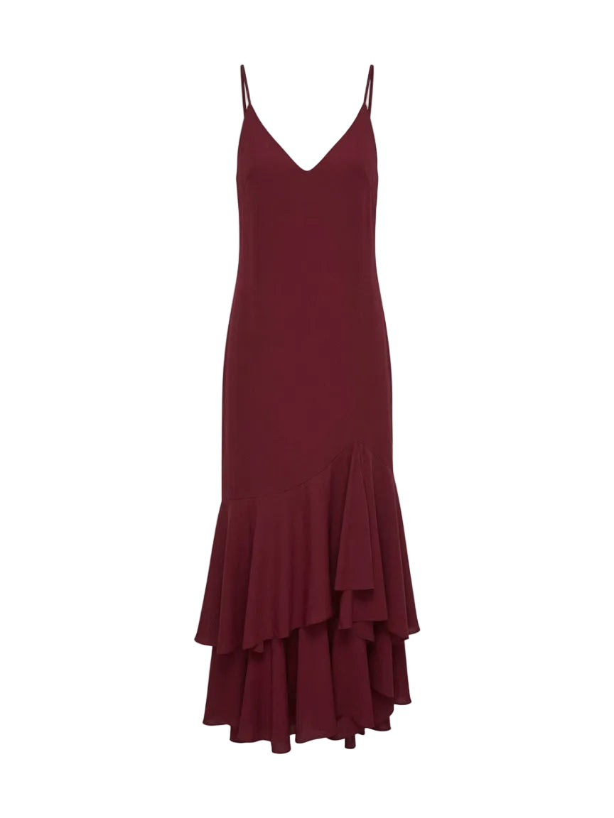 silk georgette dress with ruffle hem and plunging back neck