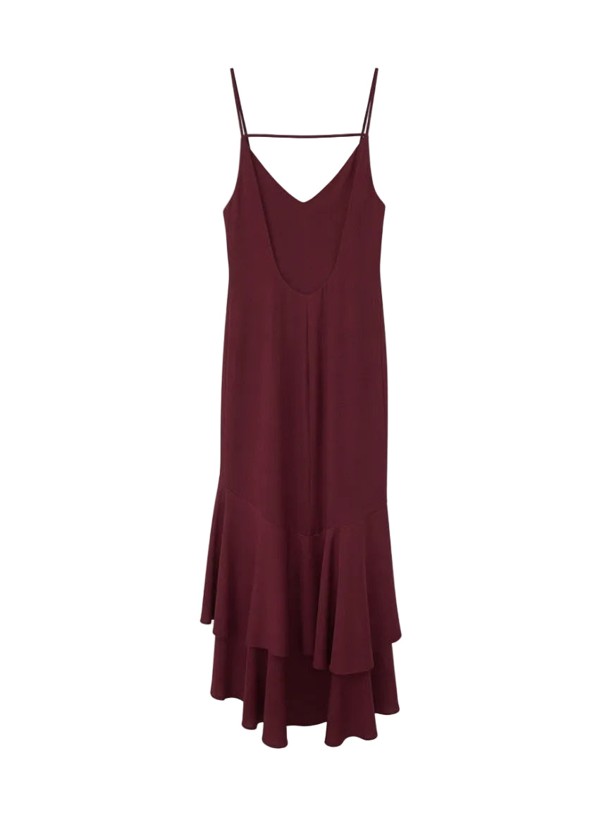 silk georgette dress with ruffle hem and plunging back neck 