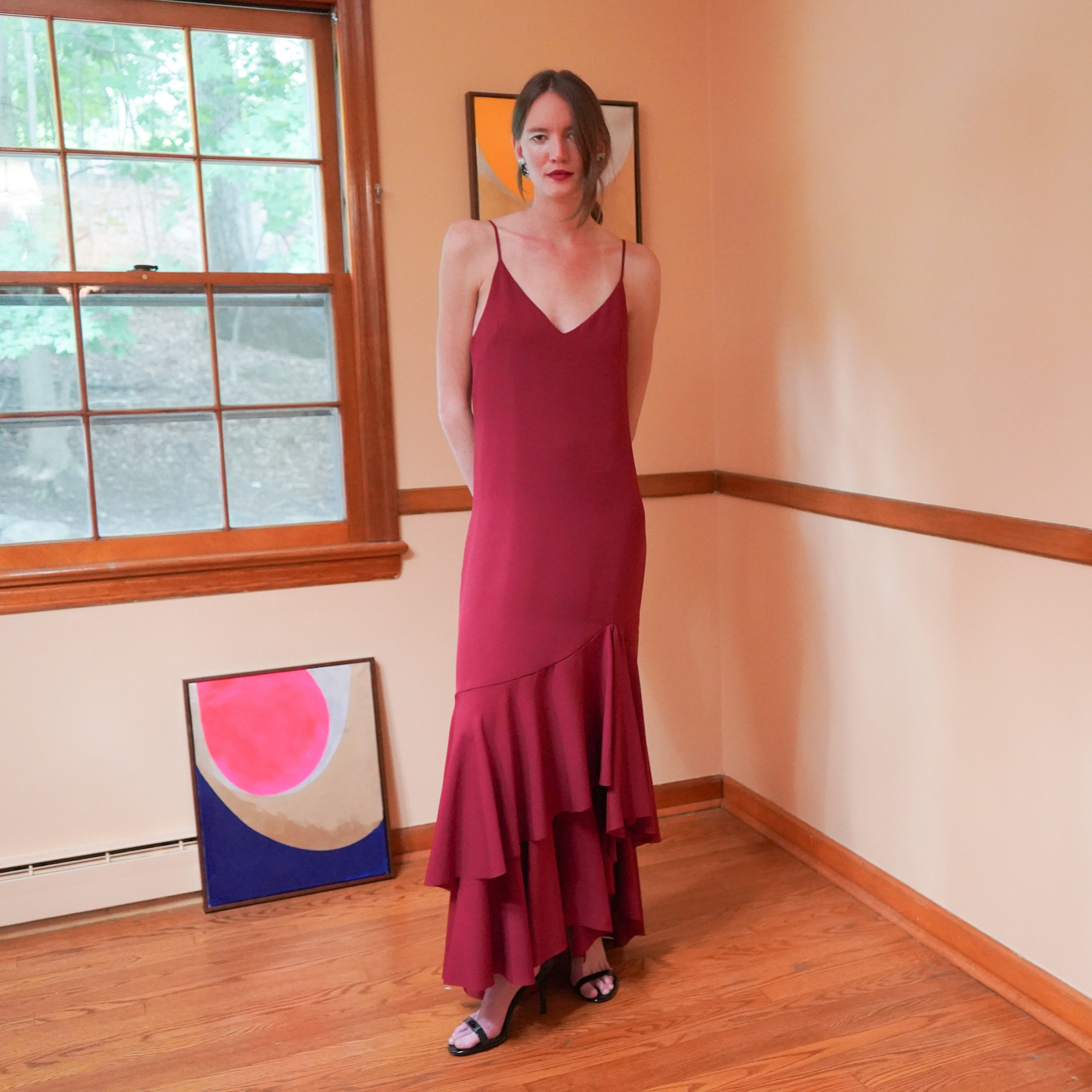 silk georgette long slip dress with plunging back neck and ruffle hem