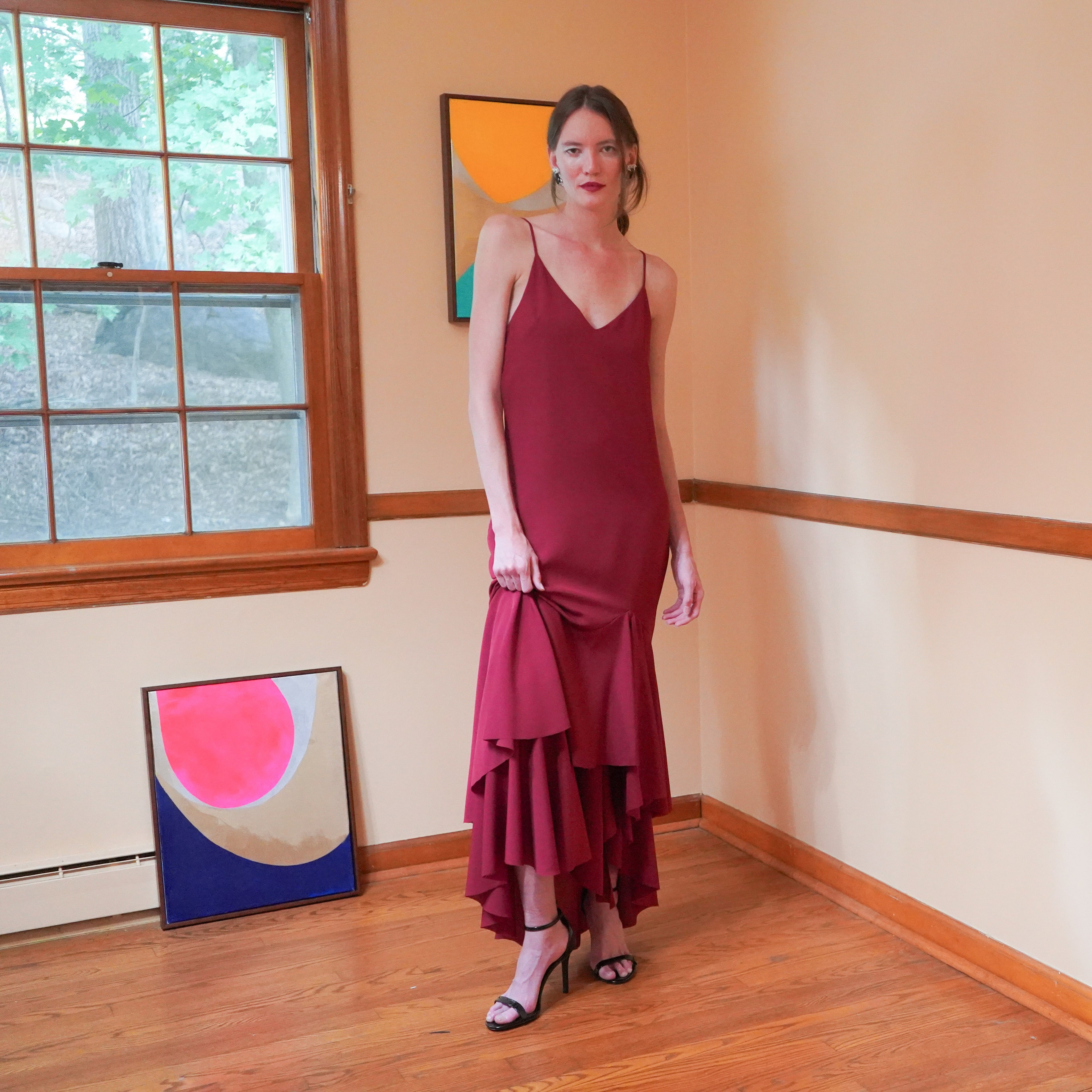 silk georgette long slip dress with plunging back neck and ruffle hem