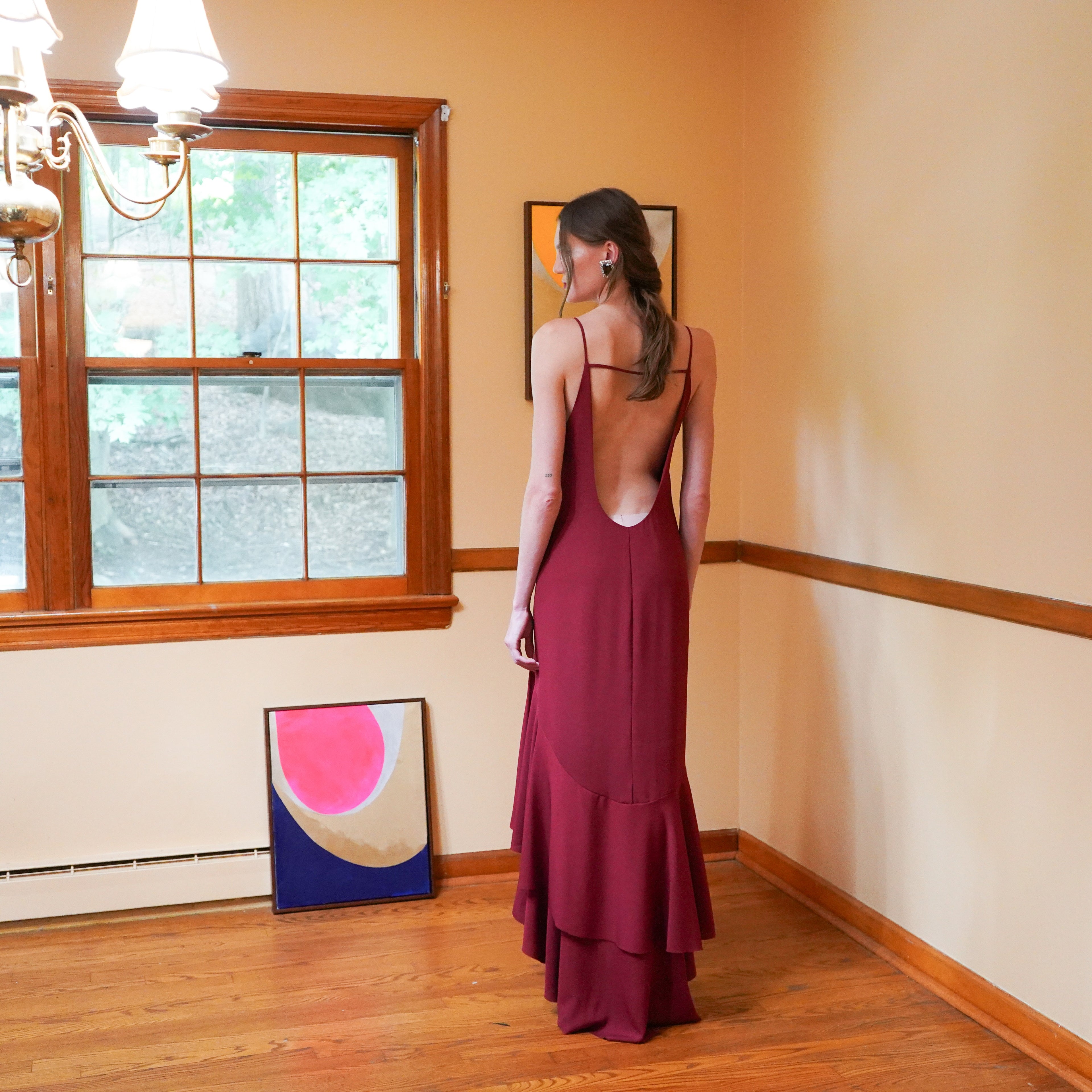 silk georgette long slip dress with plunging back neck and ruffle hem