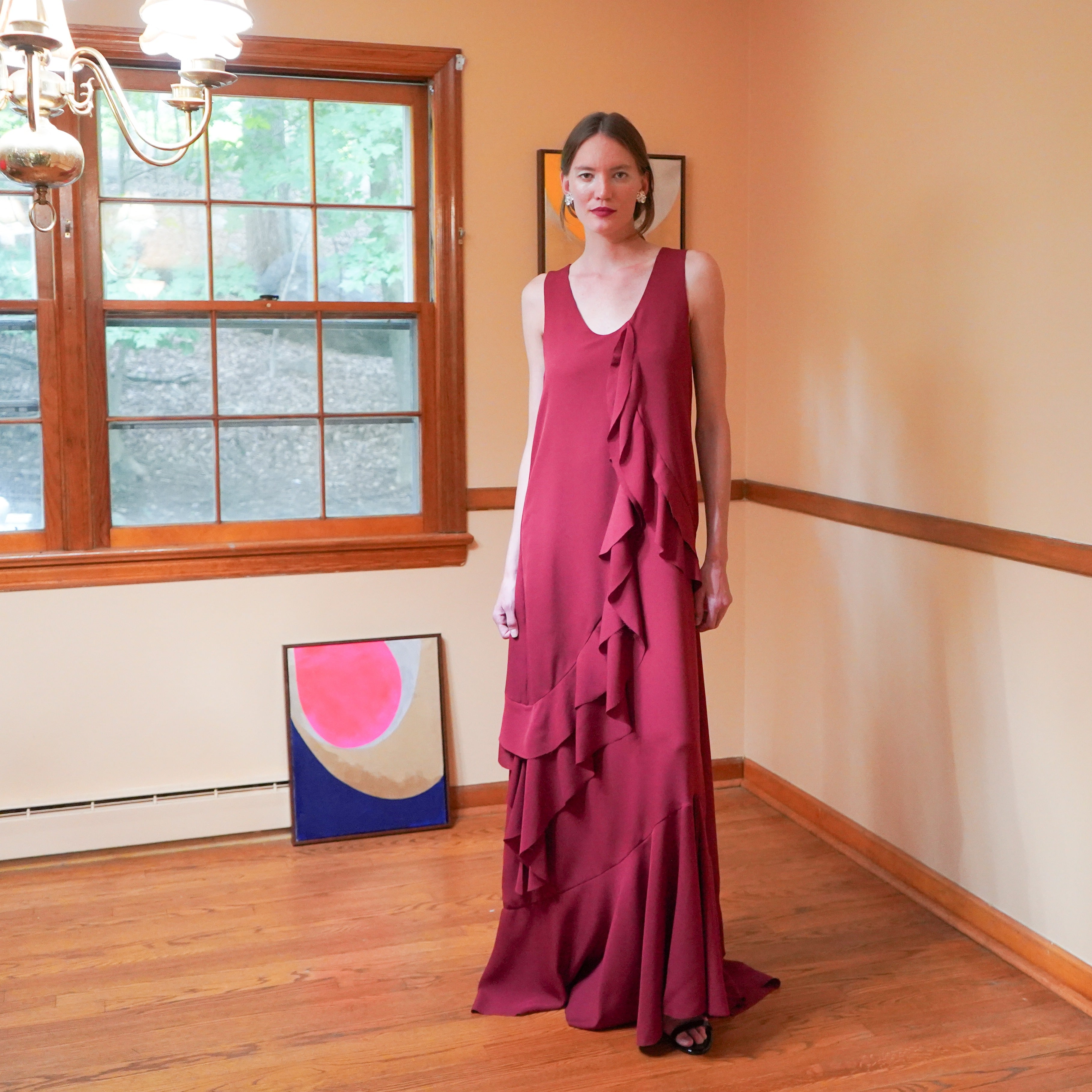 sleeveless silk georgette maxi ruffle dress 
