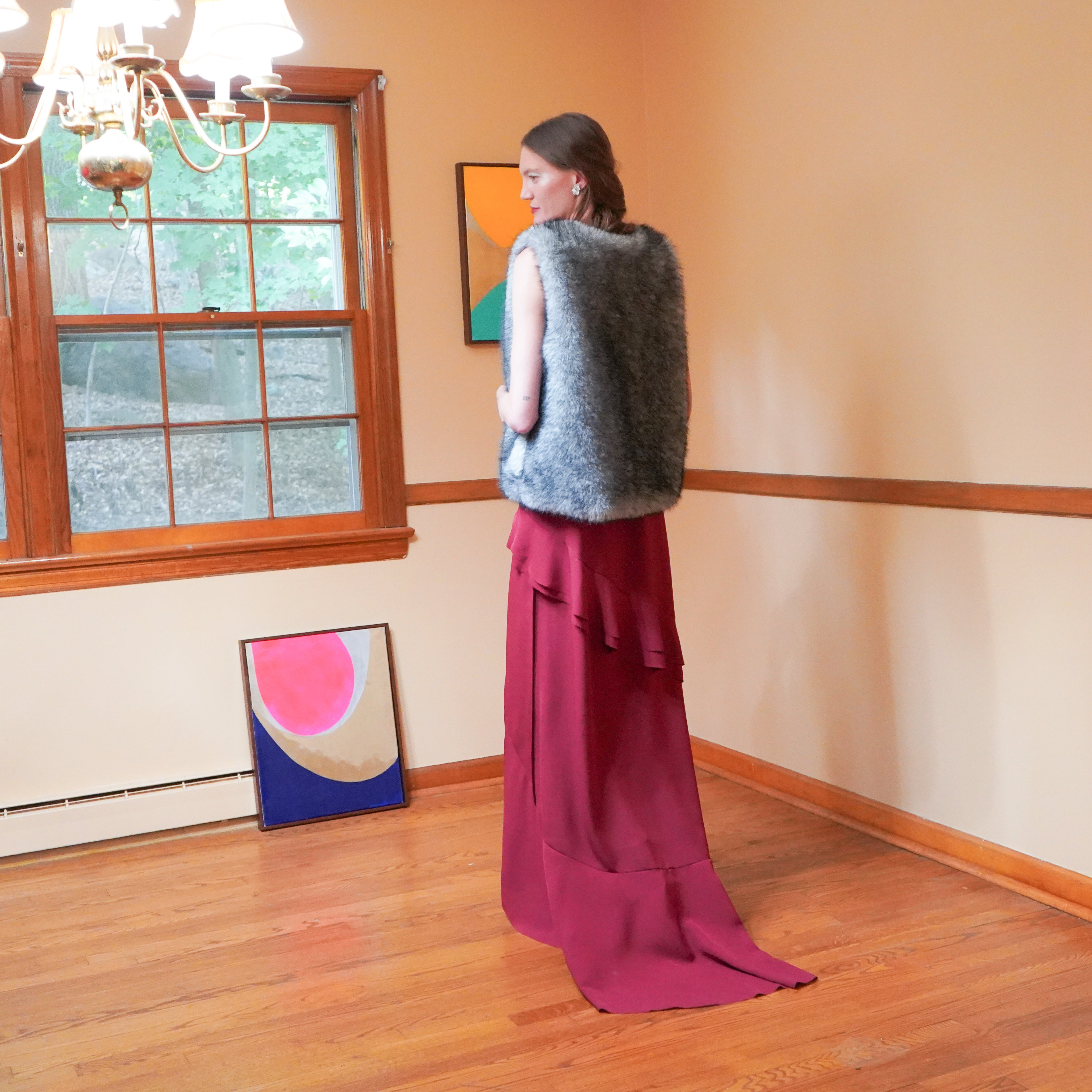 sleeveless silk georgette maxi ruffle dress  with fur vest