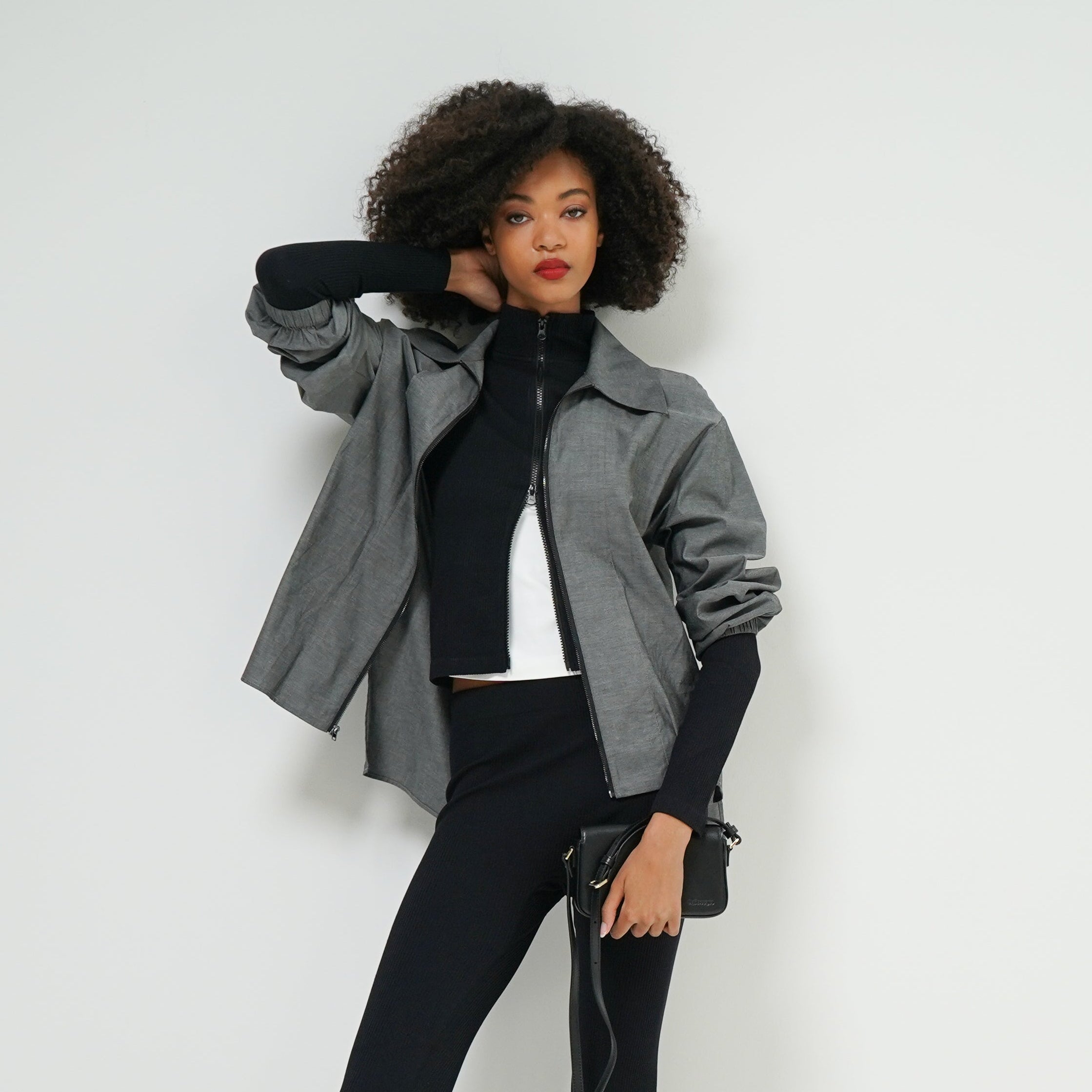 Delphine shirt jacket zip front detail — women's casual chic outerwear
