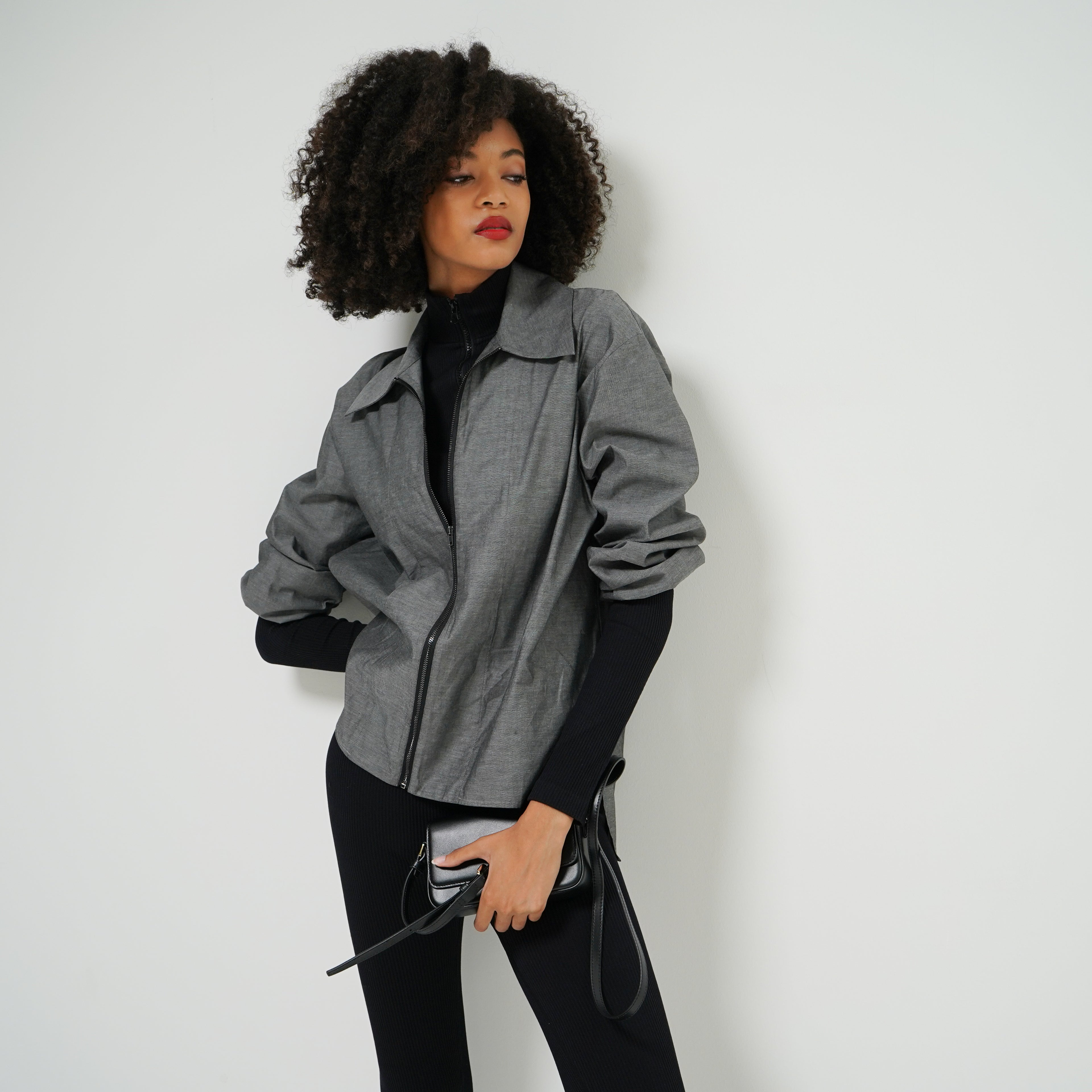 Delphine shirt jacket zip front detail — women's casual chic outerwear
