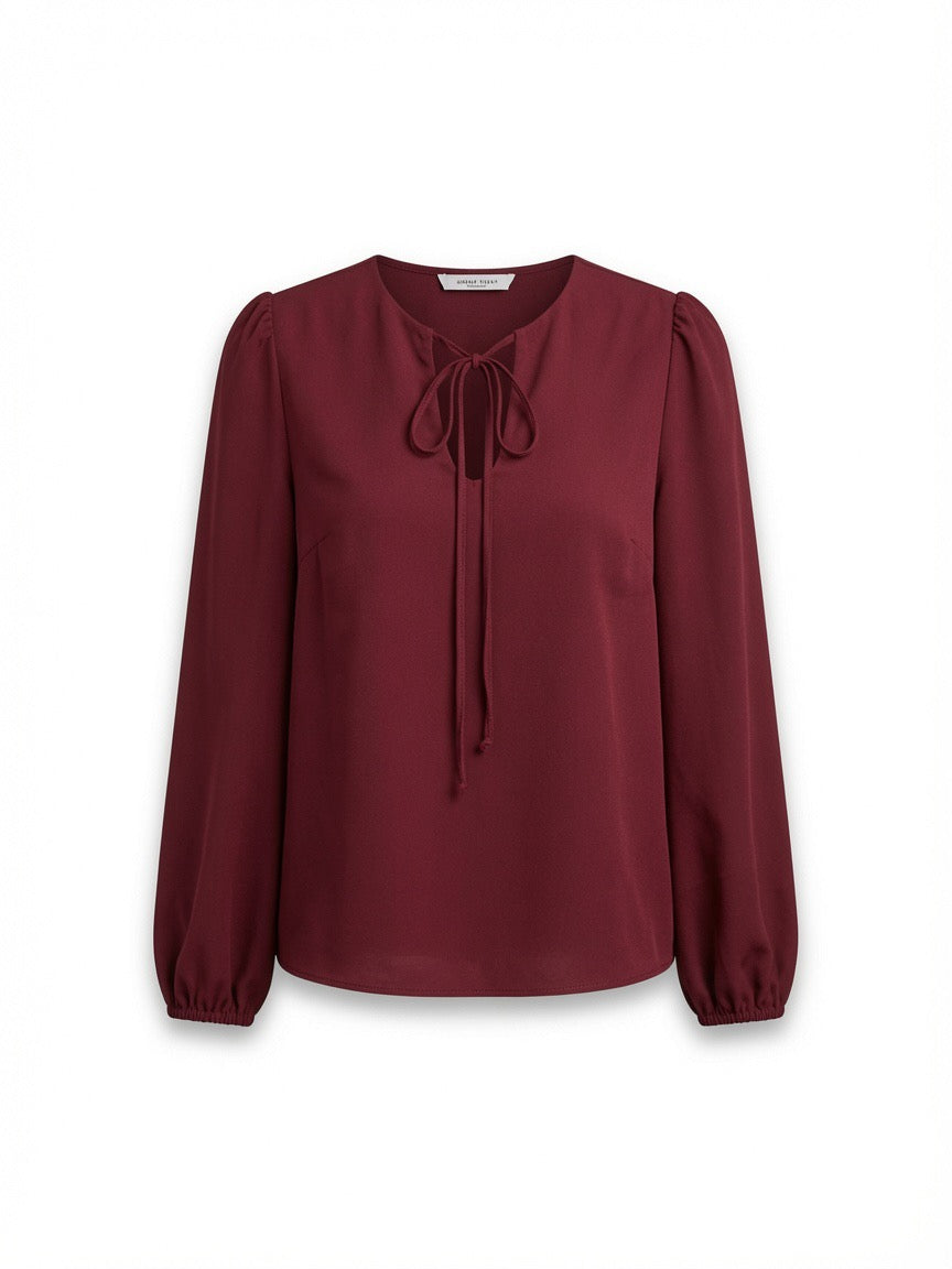 silk georgette top with front neck tie and long puff sleeves