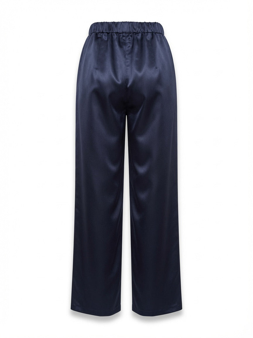 A pair of dark navy wide-leg pants, featuring an elastic waistband.