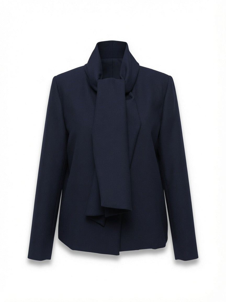 Dark navy wrap-style blazer with a draped scarf collar.