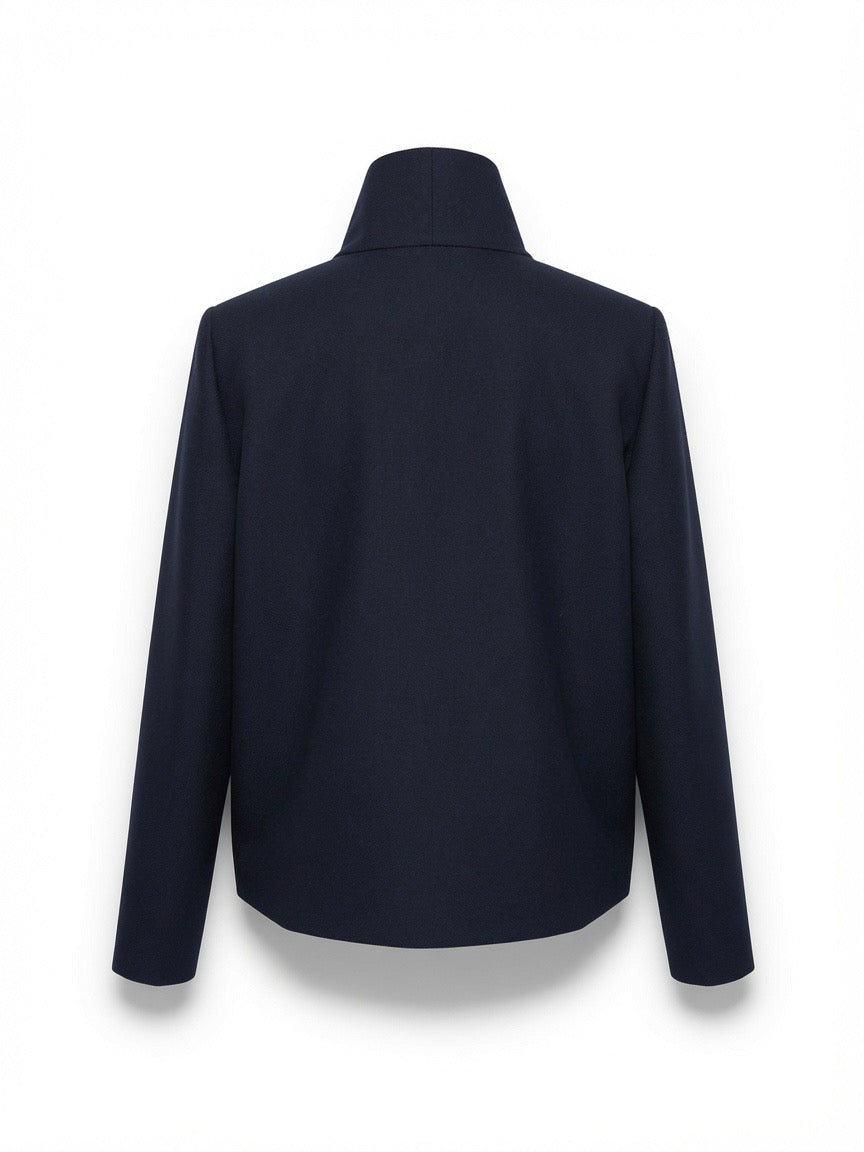 Dark navy wrap-style blazer with a draped scarf collar back view