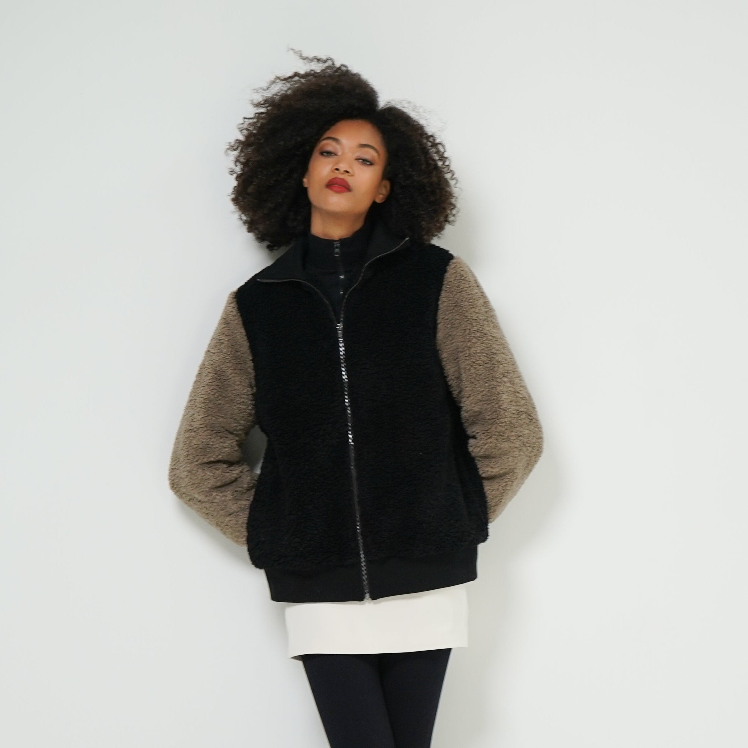 Gianna teddy bomber texture close-up — women's fluffy bomber jacket
