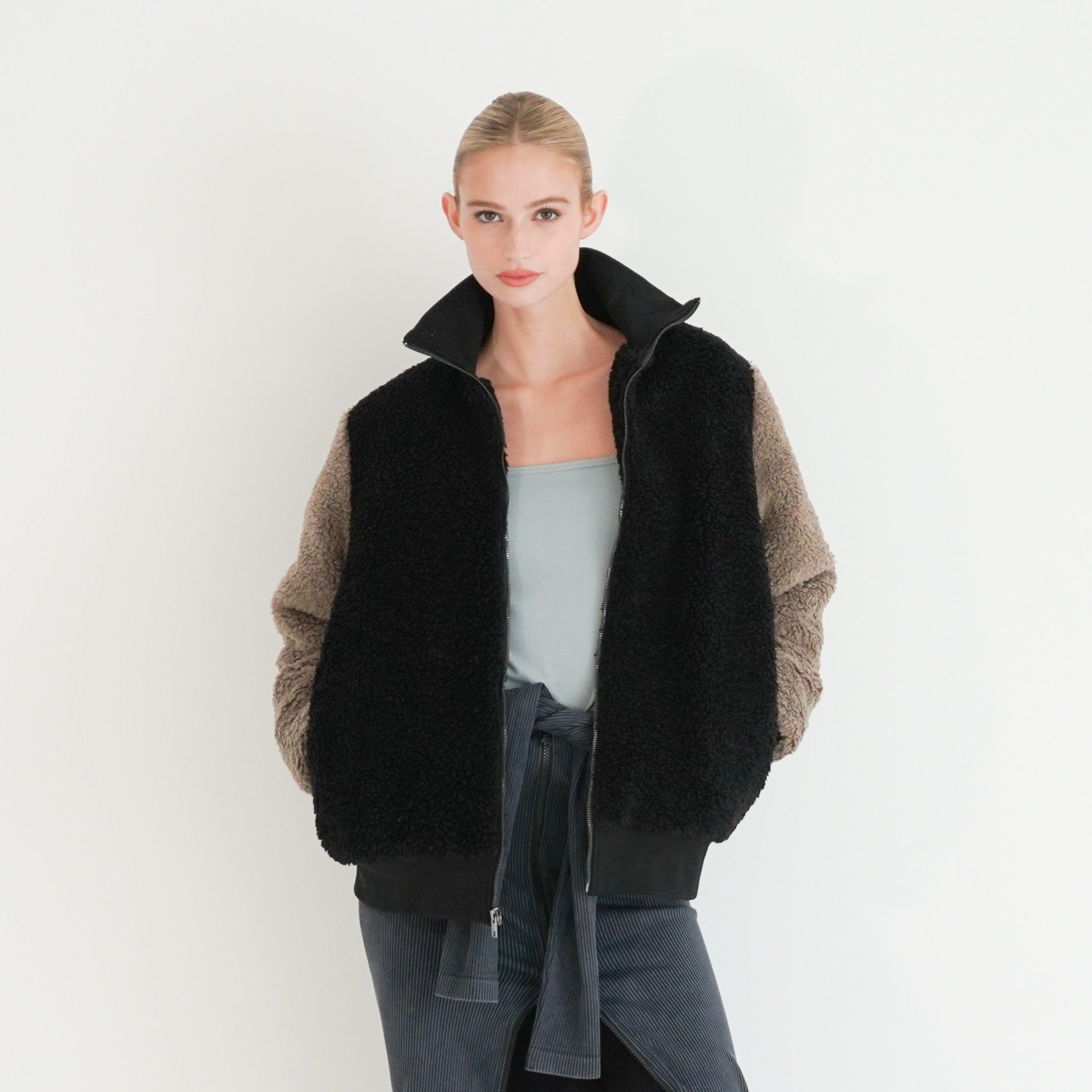 Gianna teddy bomber texture close-up — women's fluffy bomber jacket
