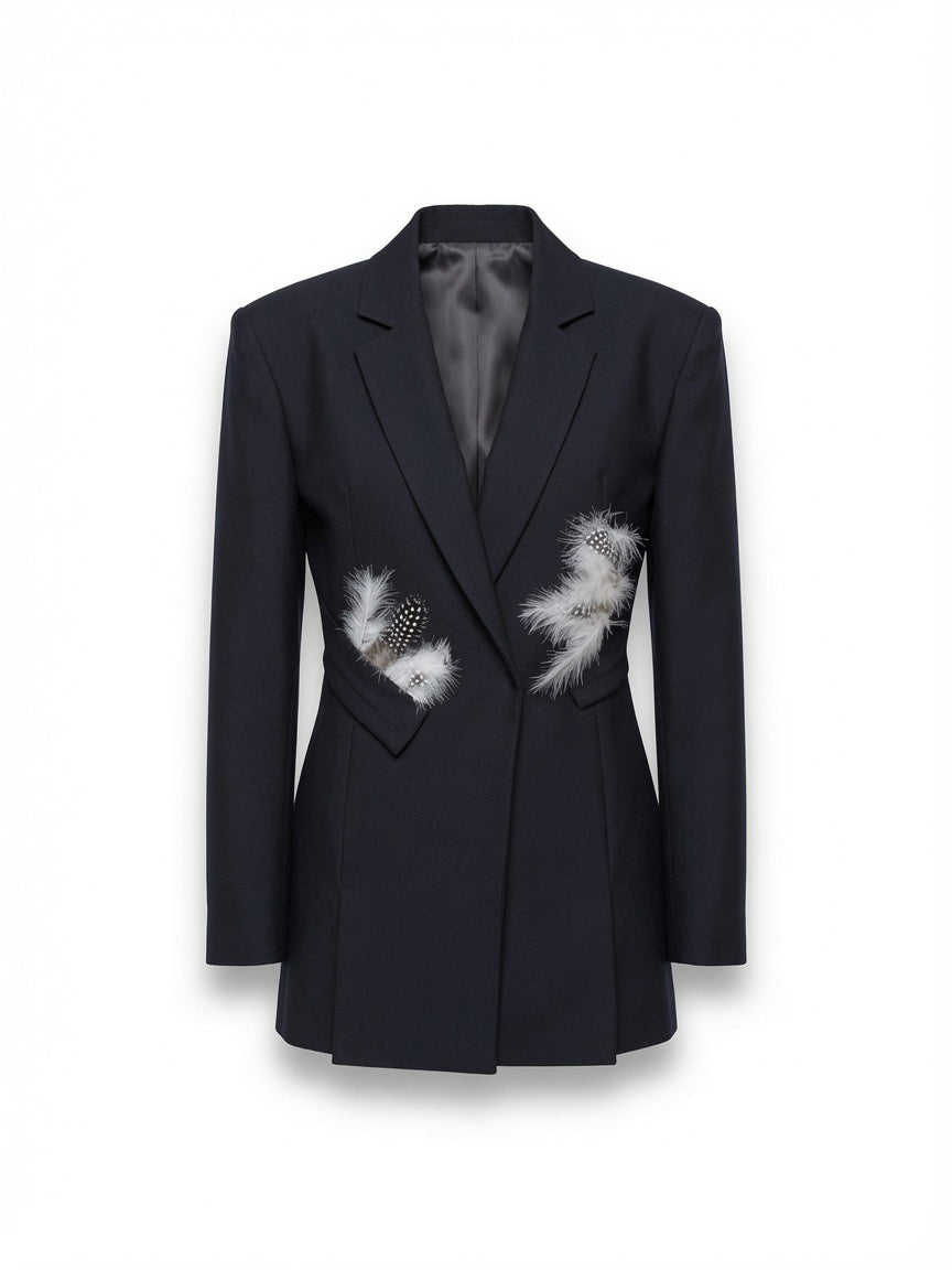 Wool Silk twill jacket with detachable feather