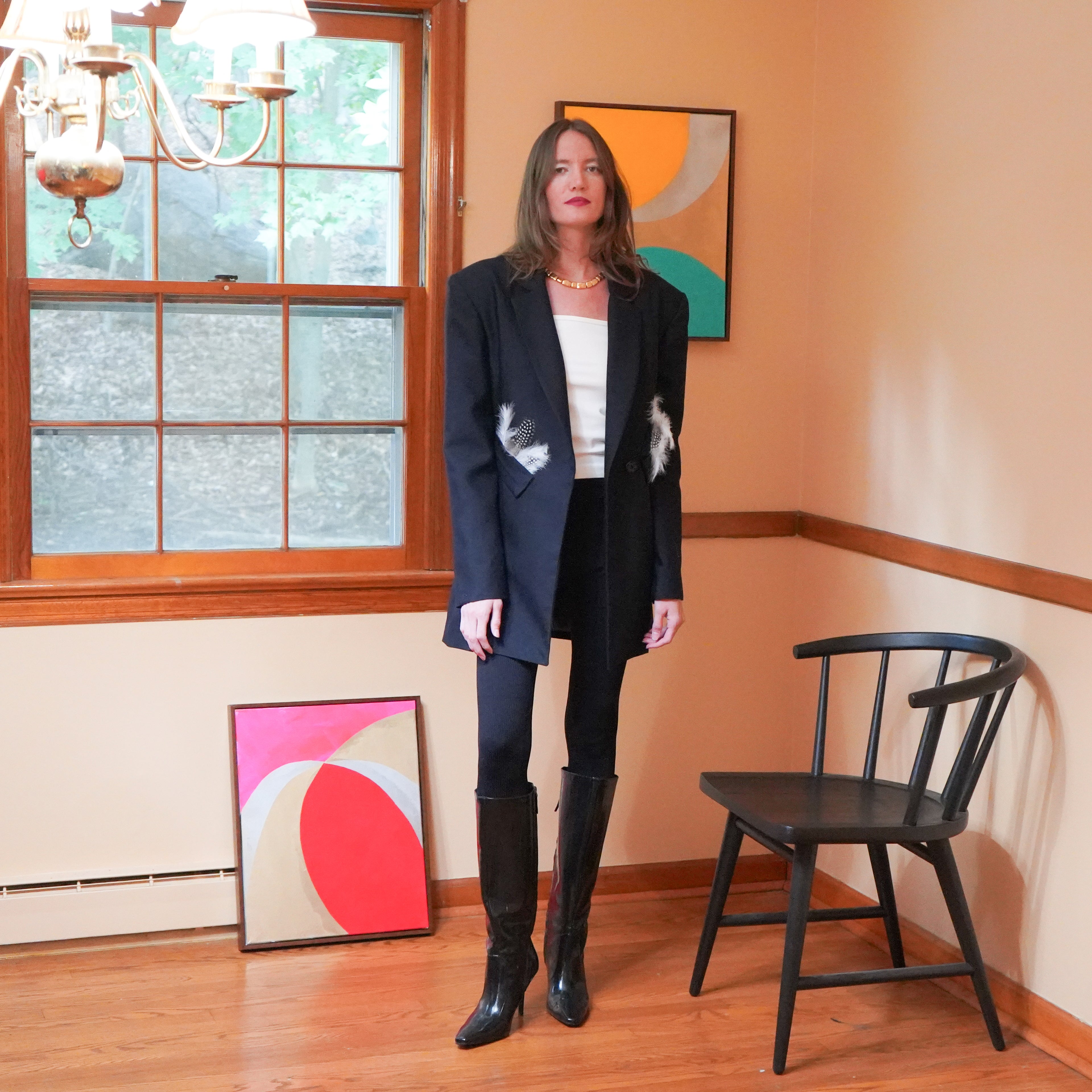 Dark Navy Wool Silk twill jacket over seamless tank and seam less rib leggings