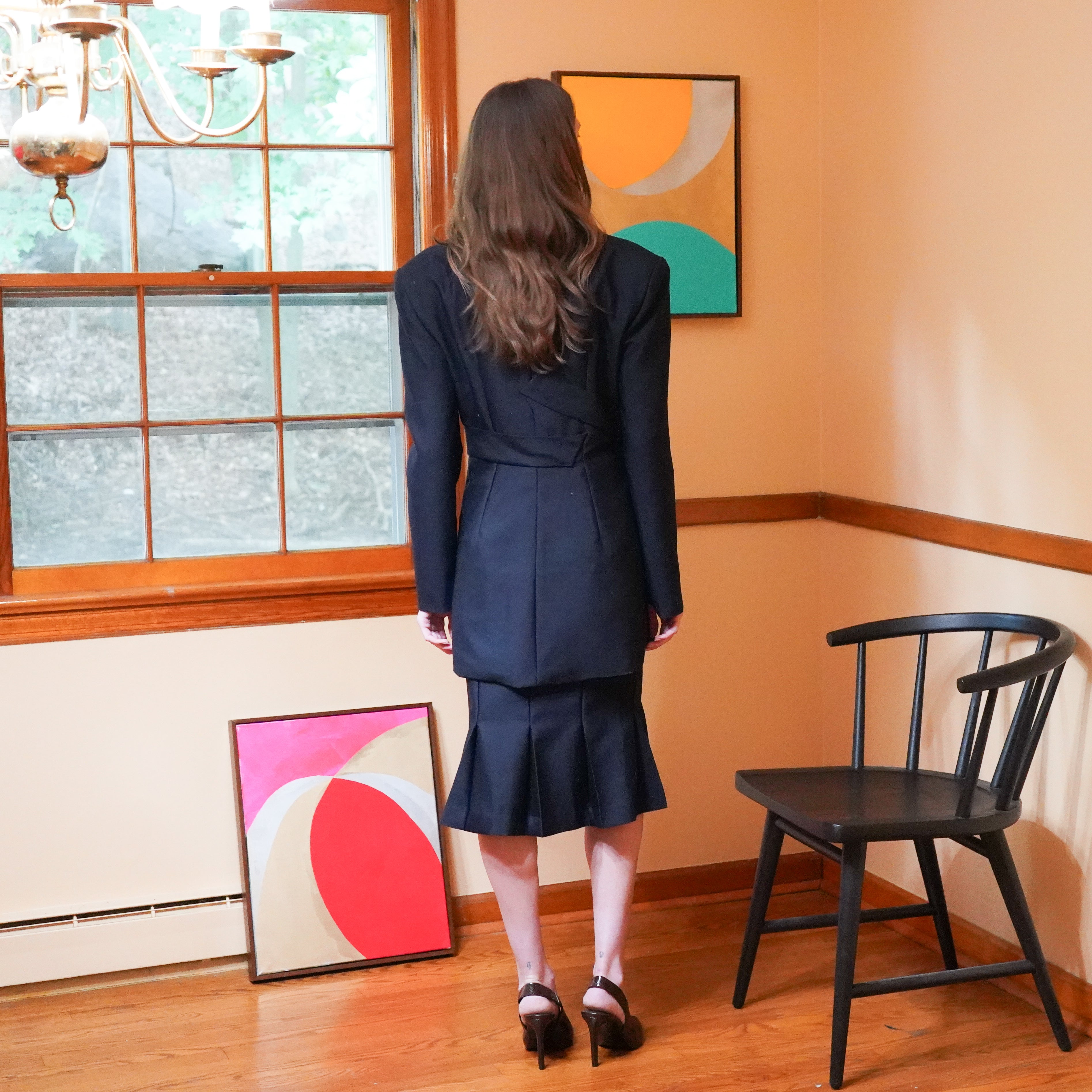 Dark Navy Wool Silk twill jacket over seamless tank and pencil skirt