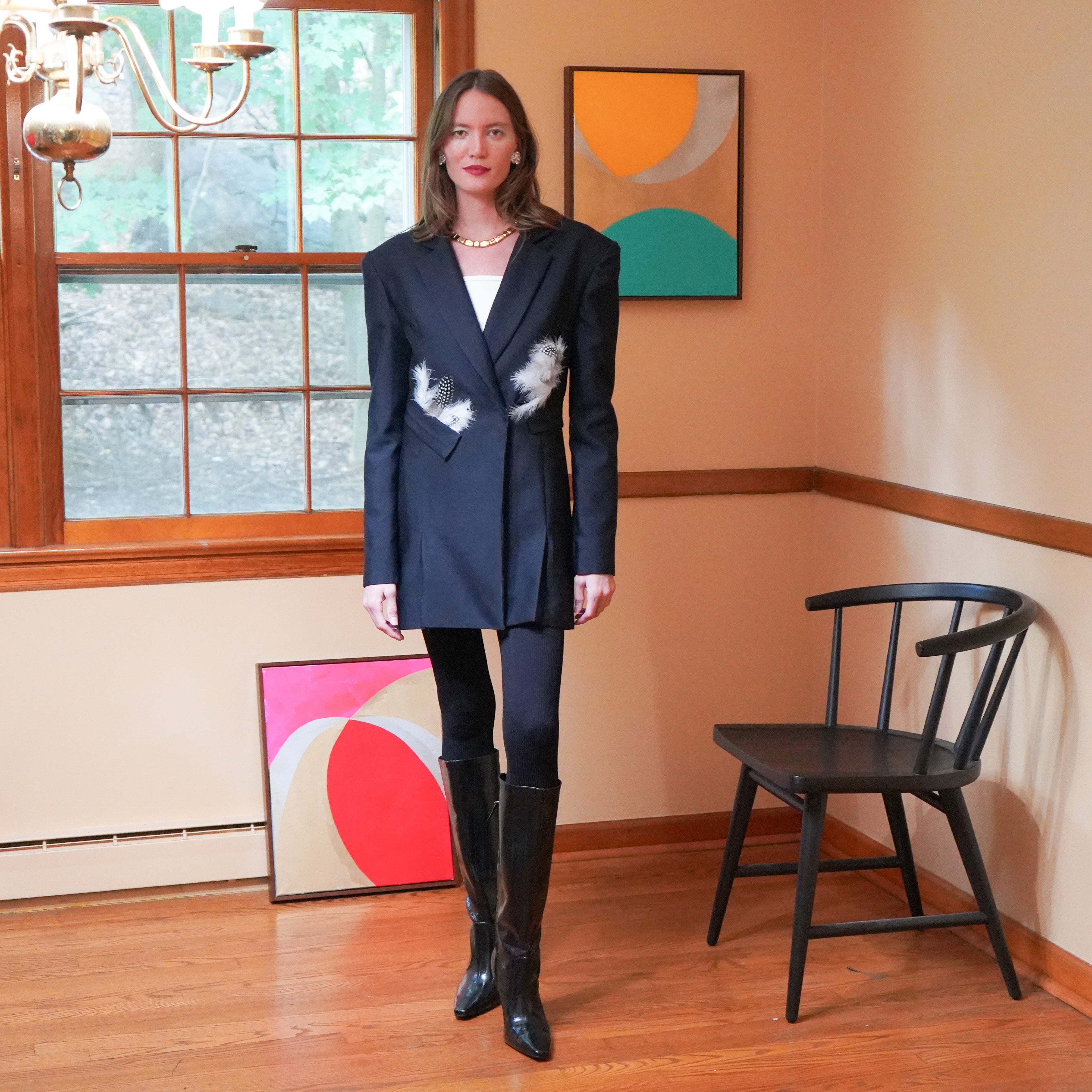 Dark Navy Wool Silk twill jacket over seamless tank and seam less rib leggings