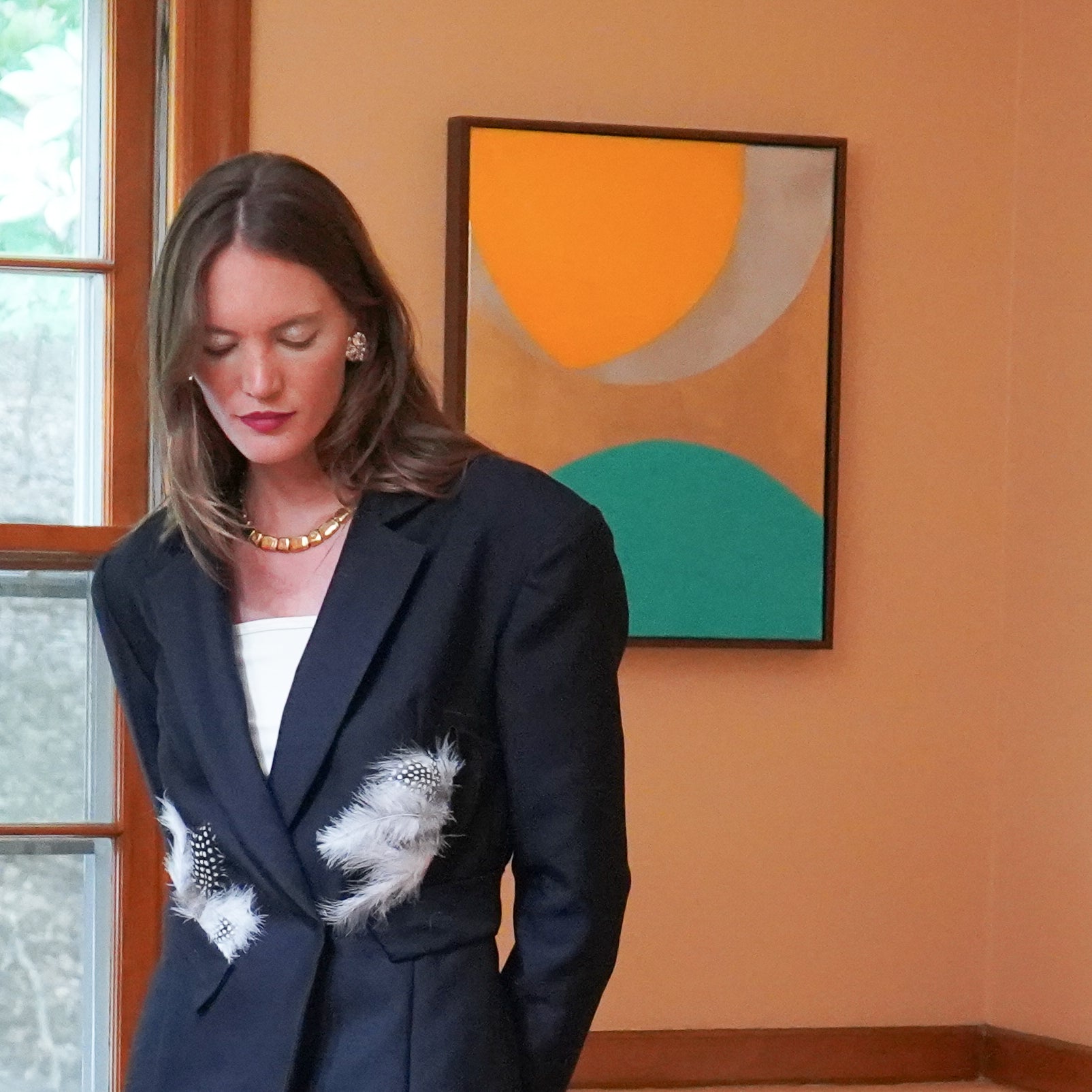 Wool Silk twill tailor jacket with detachable feather