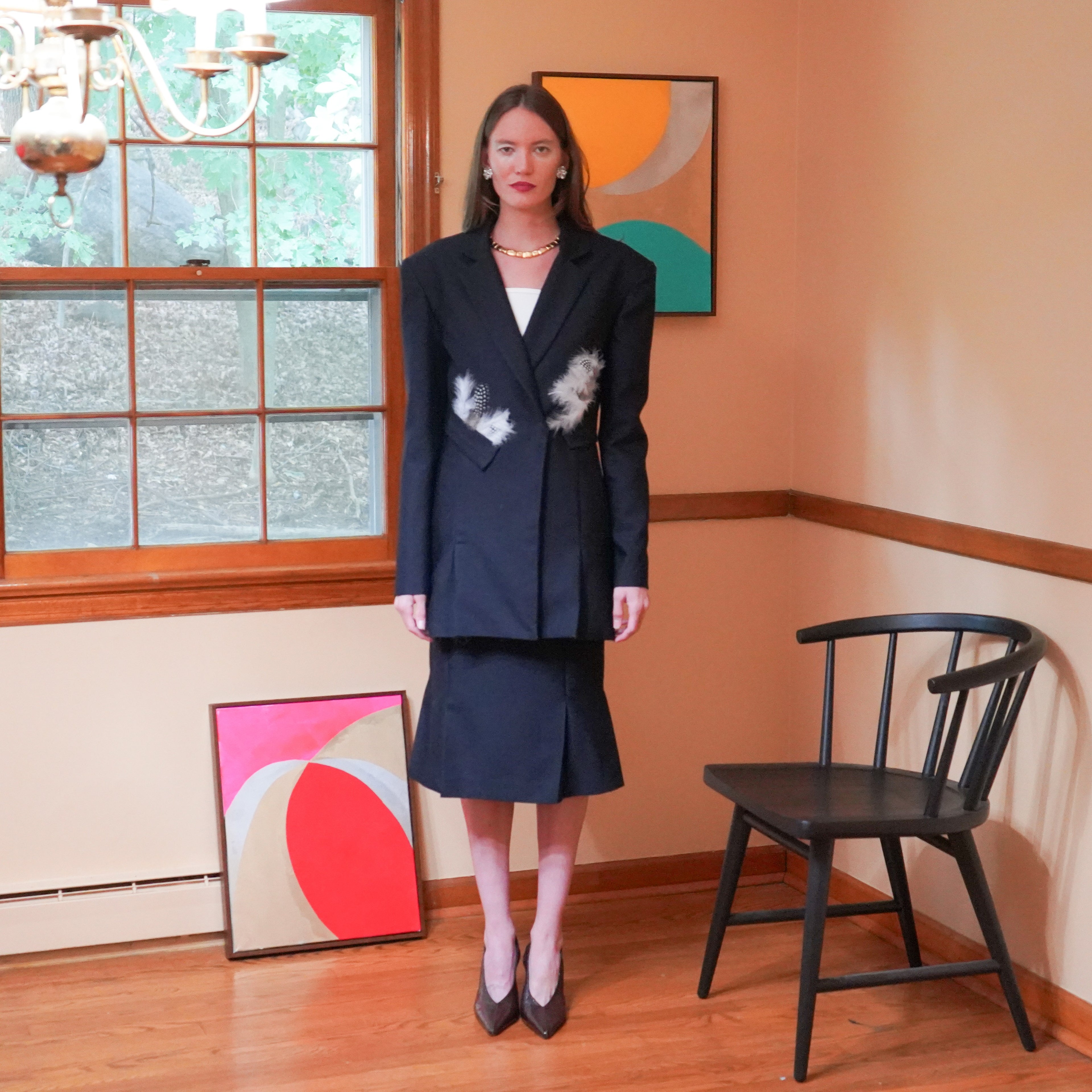 Wool silk twill jacket with pencil skirt