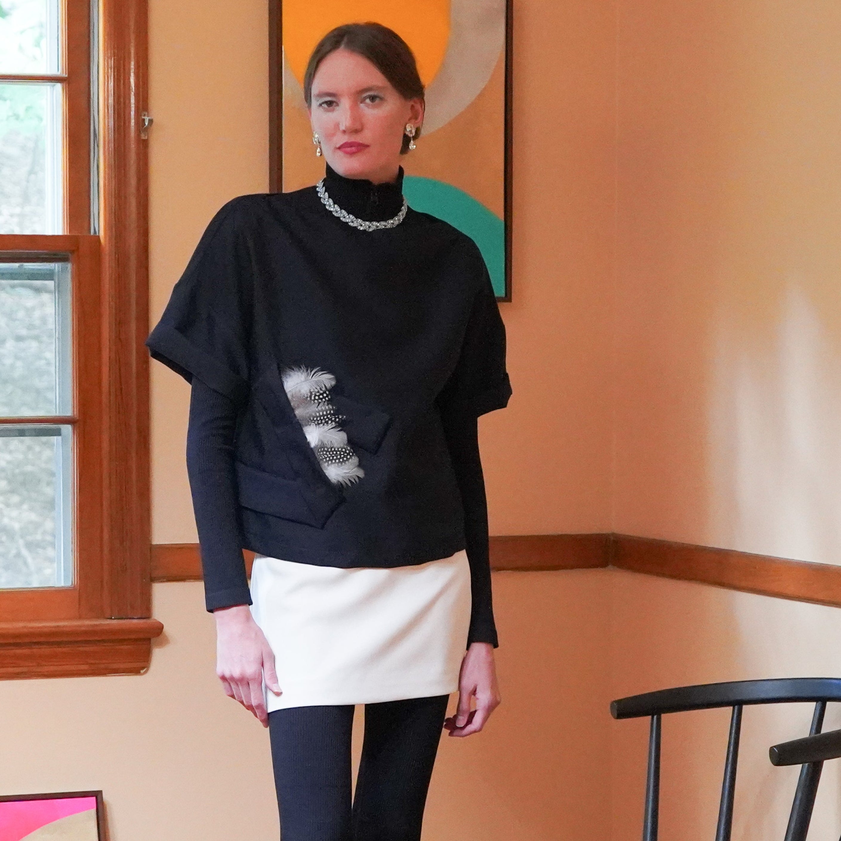 Rolled sleeve Wool Silk Twill boat neck T with detachable feather