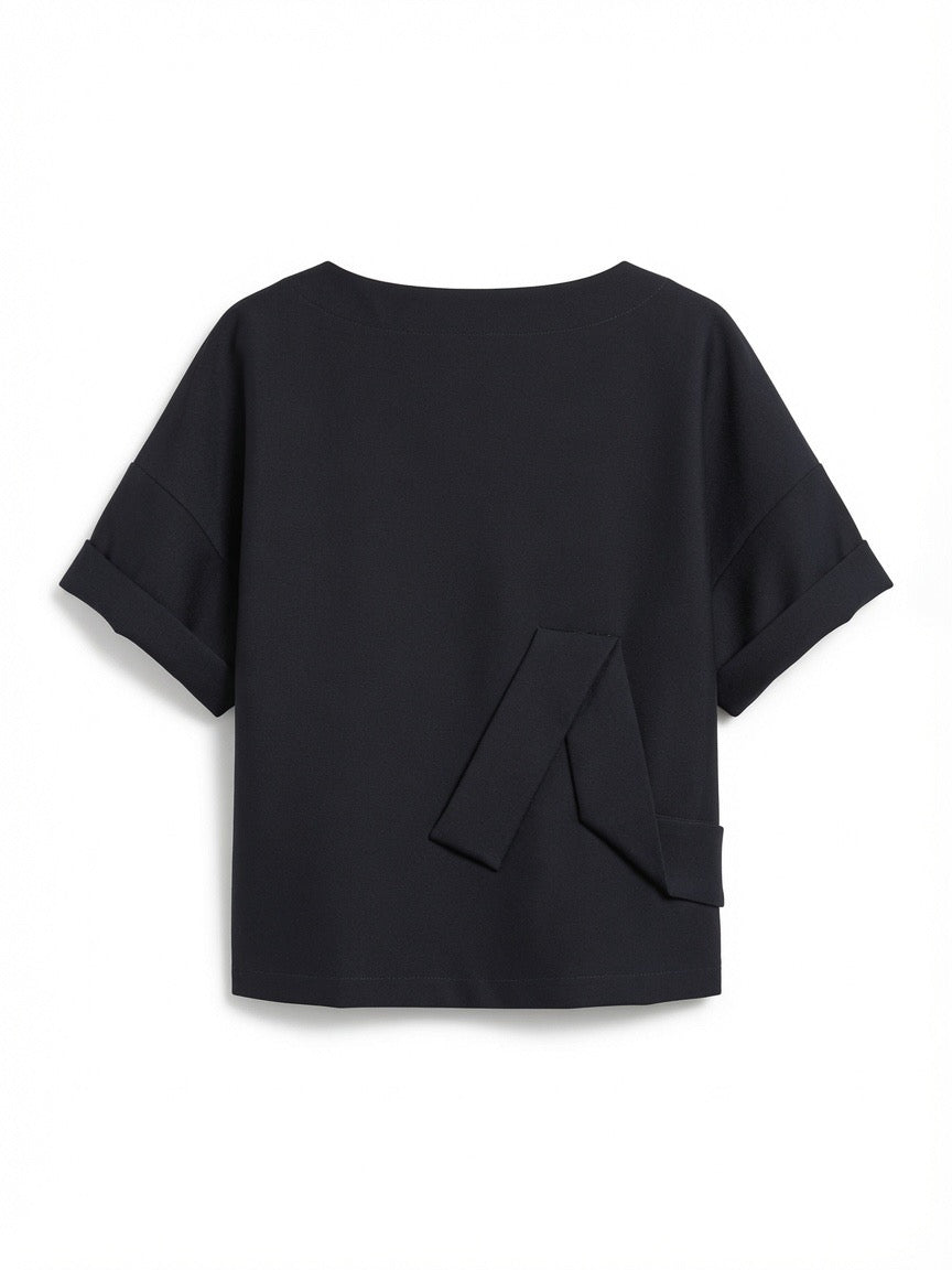 Rolled sleeve Wool Silk Twill boat neck T with detachable feather back view