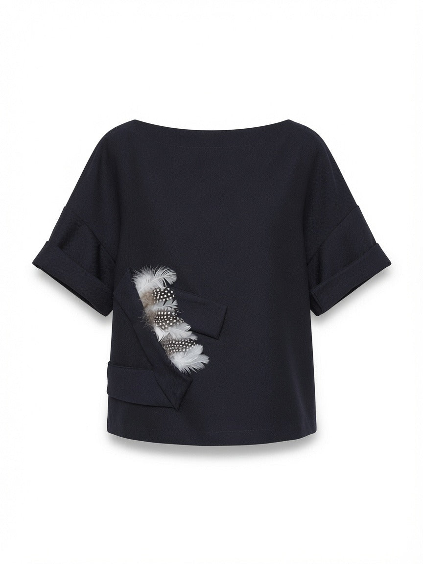 Rolled sleeve Wool Silk Twill boat neck T with detachable feather