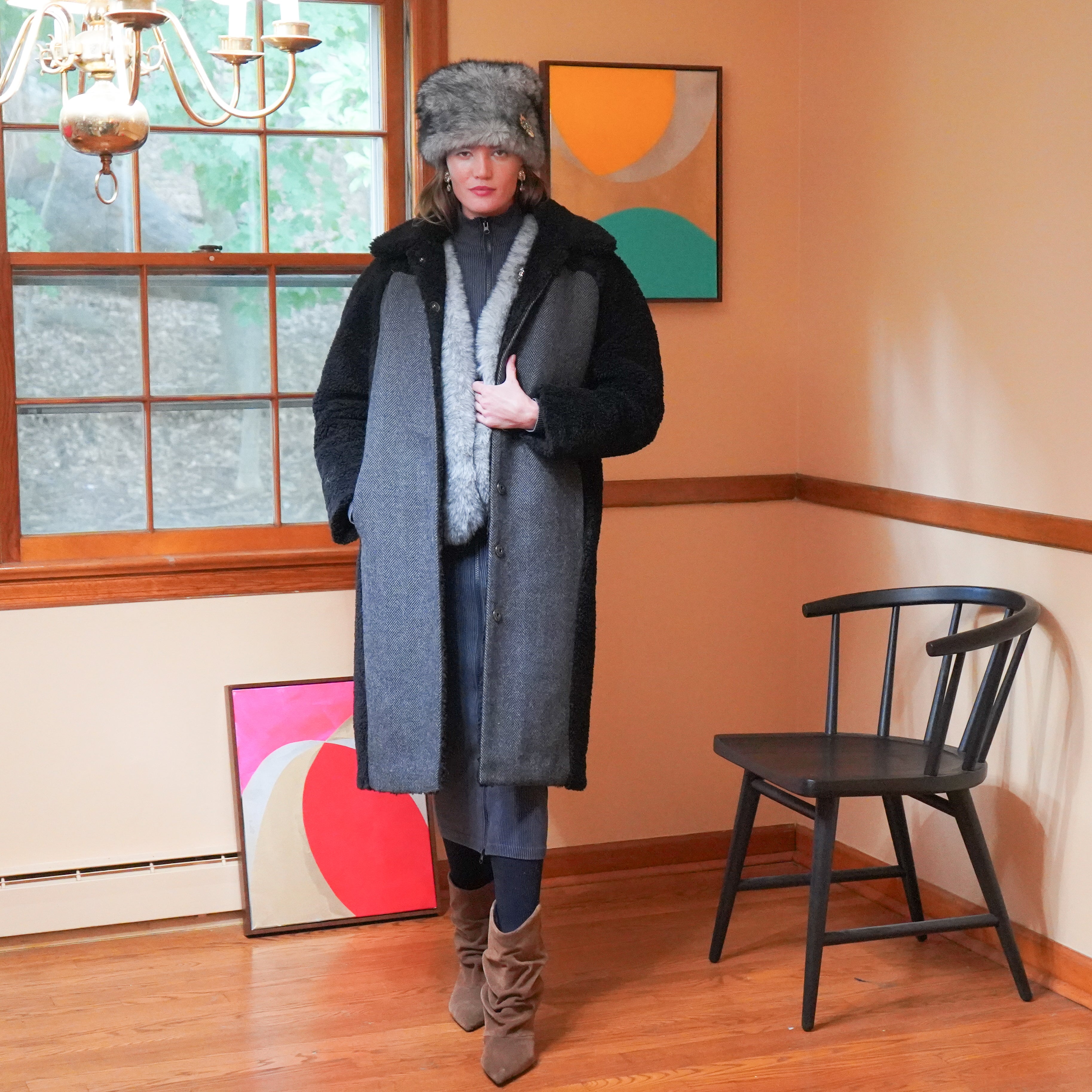 Long Sherpa and wool coat over seamless rib dress and fur vest