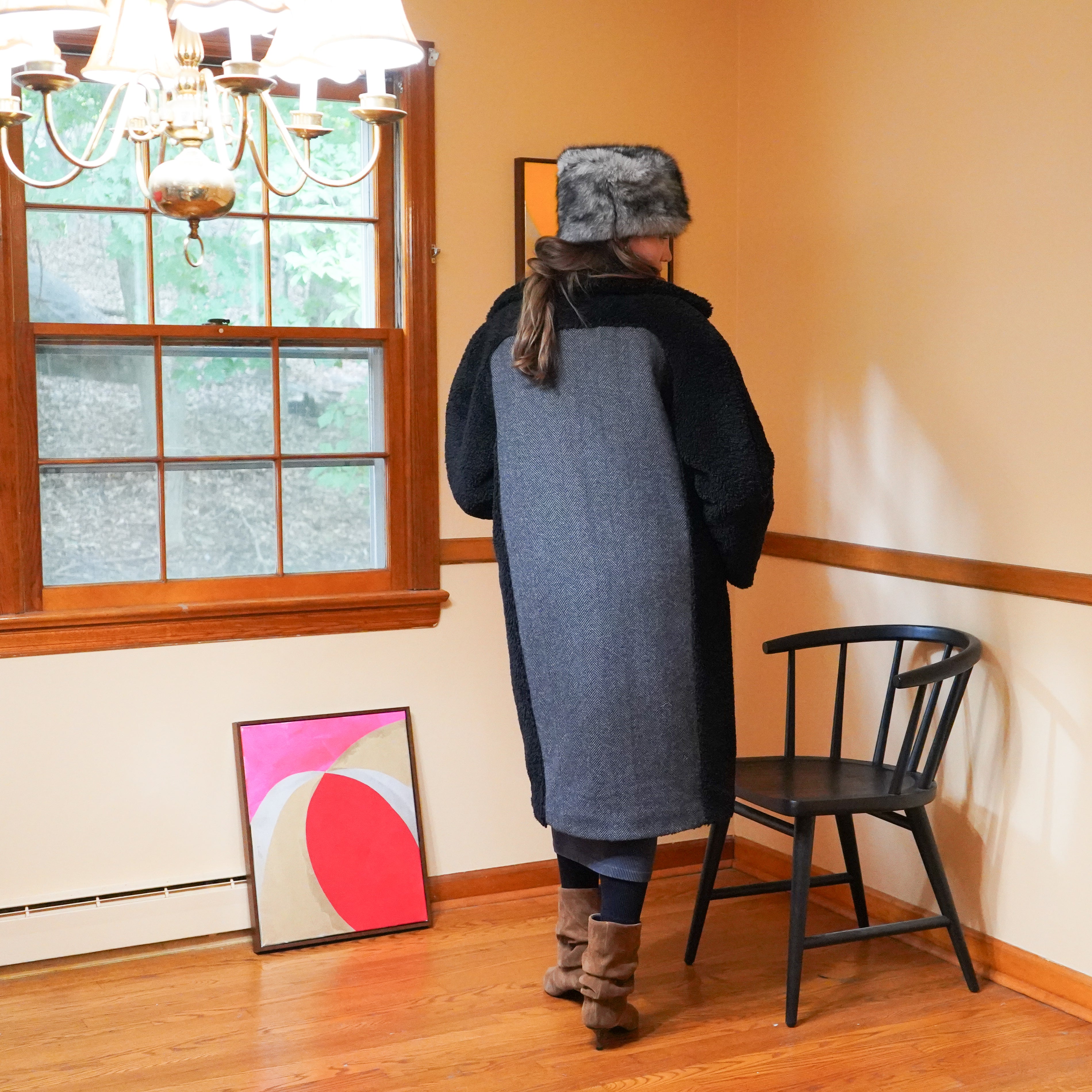 Long Harper teddy coat back view with wool panel