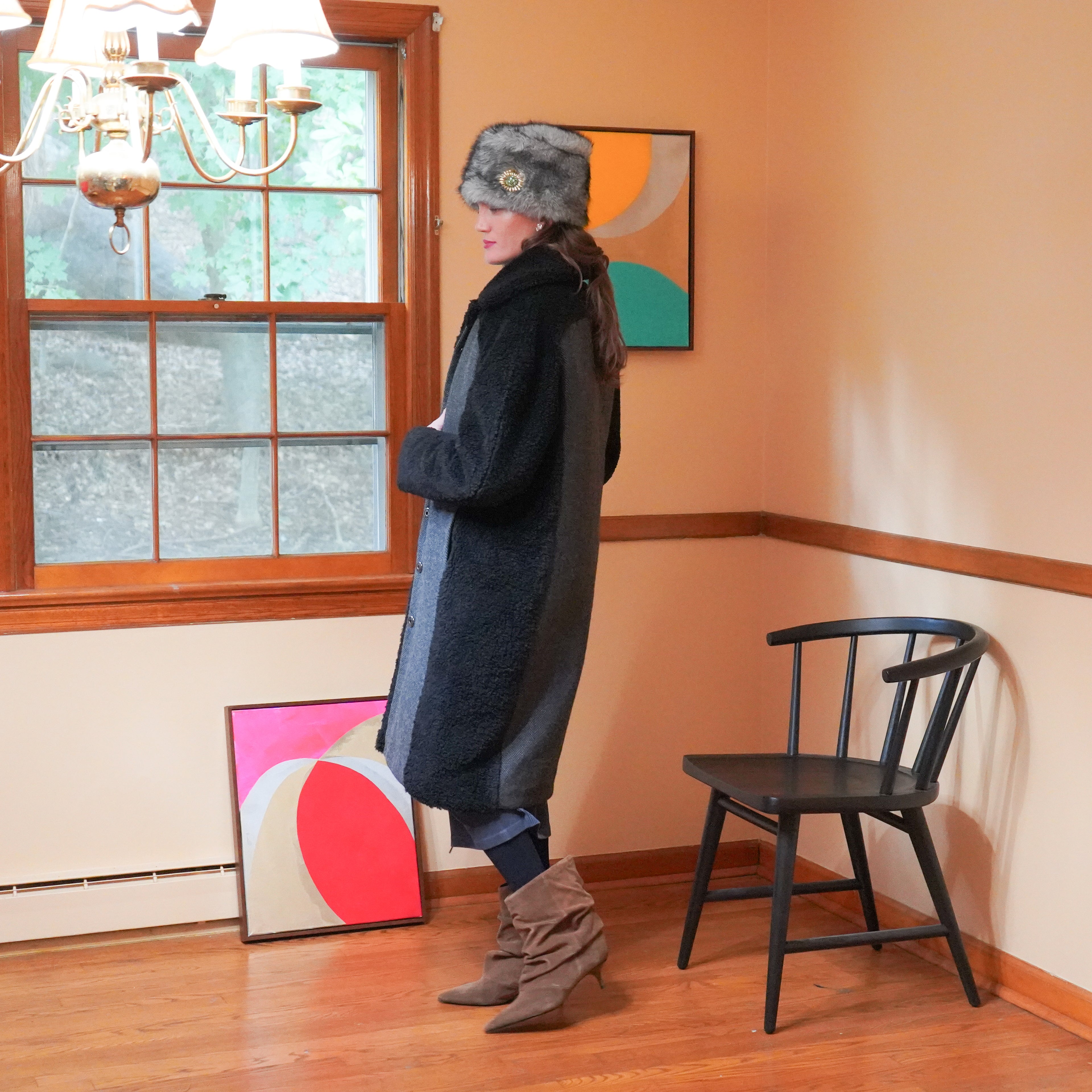 Long Sherpa teddy coat side view