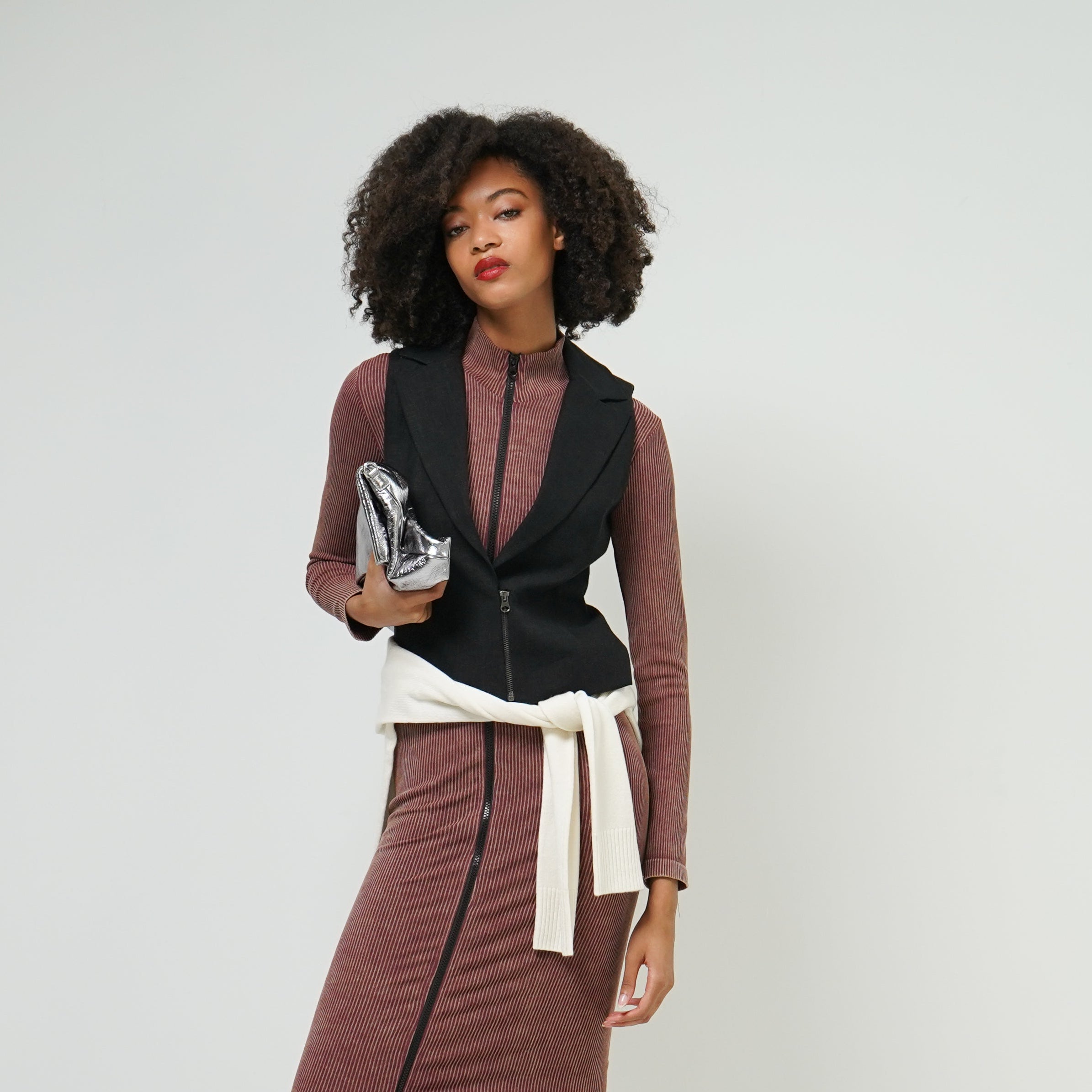 Heather tailored vest — women's structured polished vest
Lauren seamless rib zip front dress — women's sleek bodycon dress