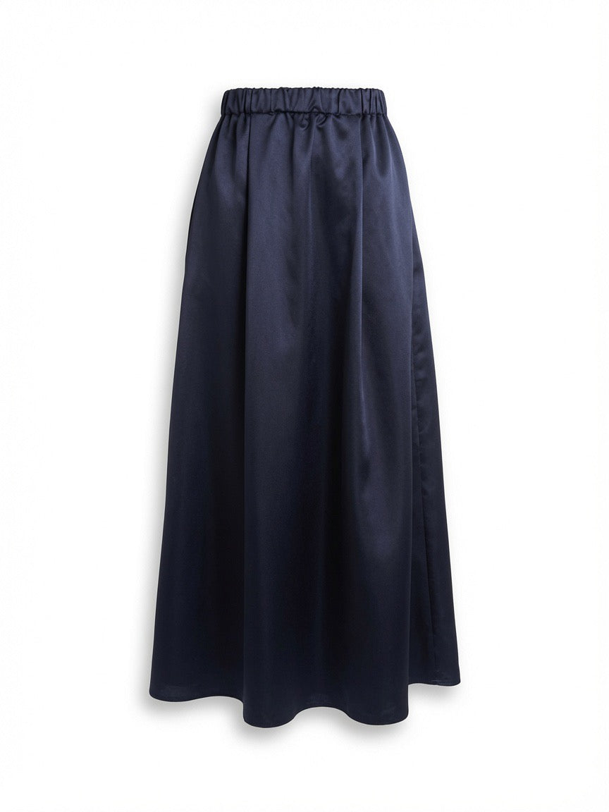 A dark navy blue satin maxi skirt with an elastic waistband.