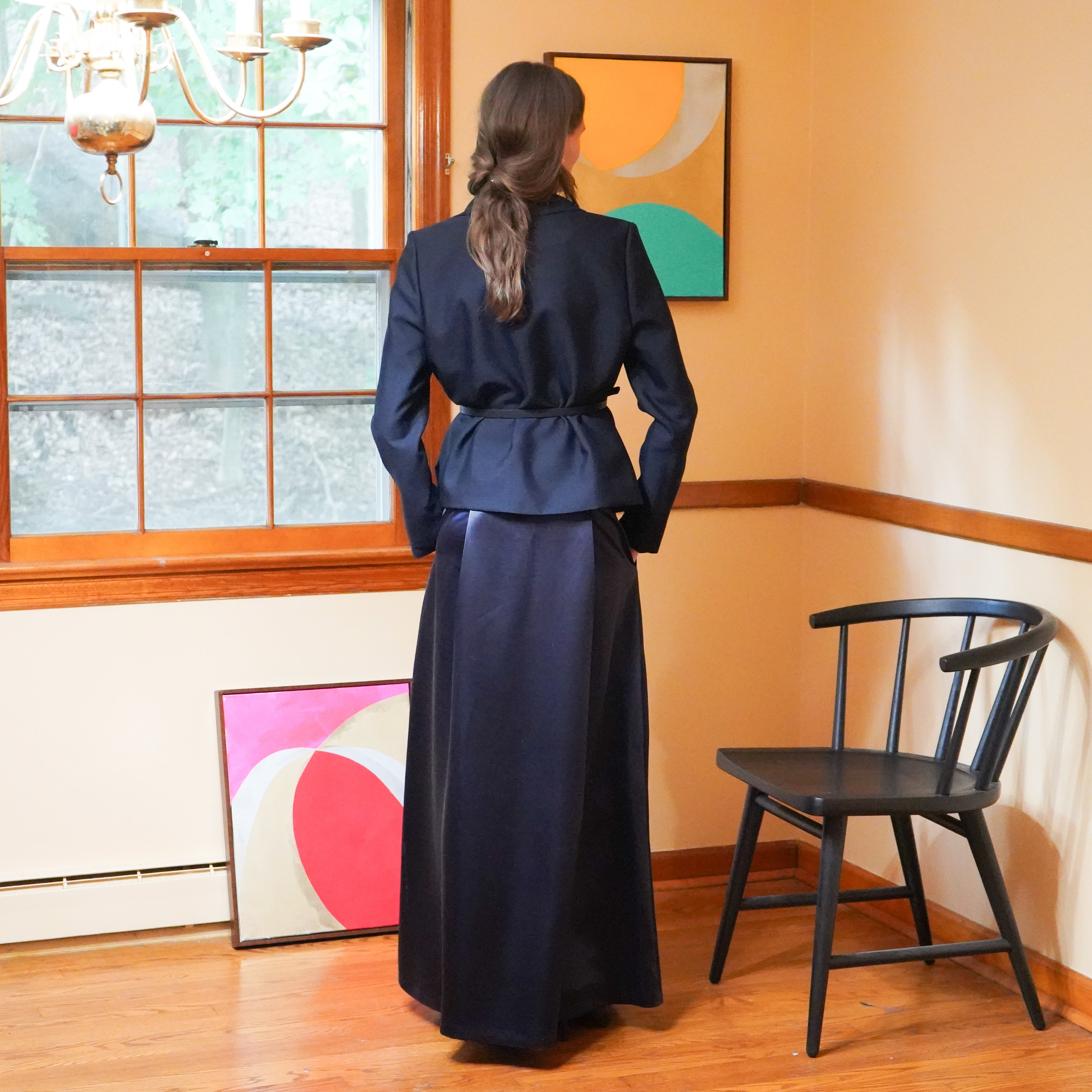 Navy blue charmeuse maxi skirt with matching tailored jacket cinched belted waist
