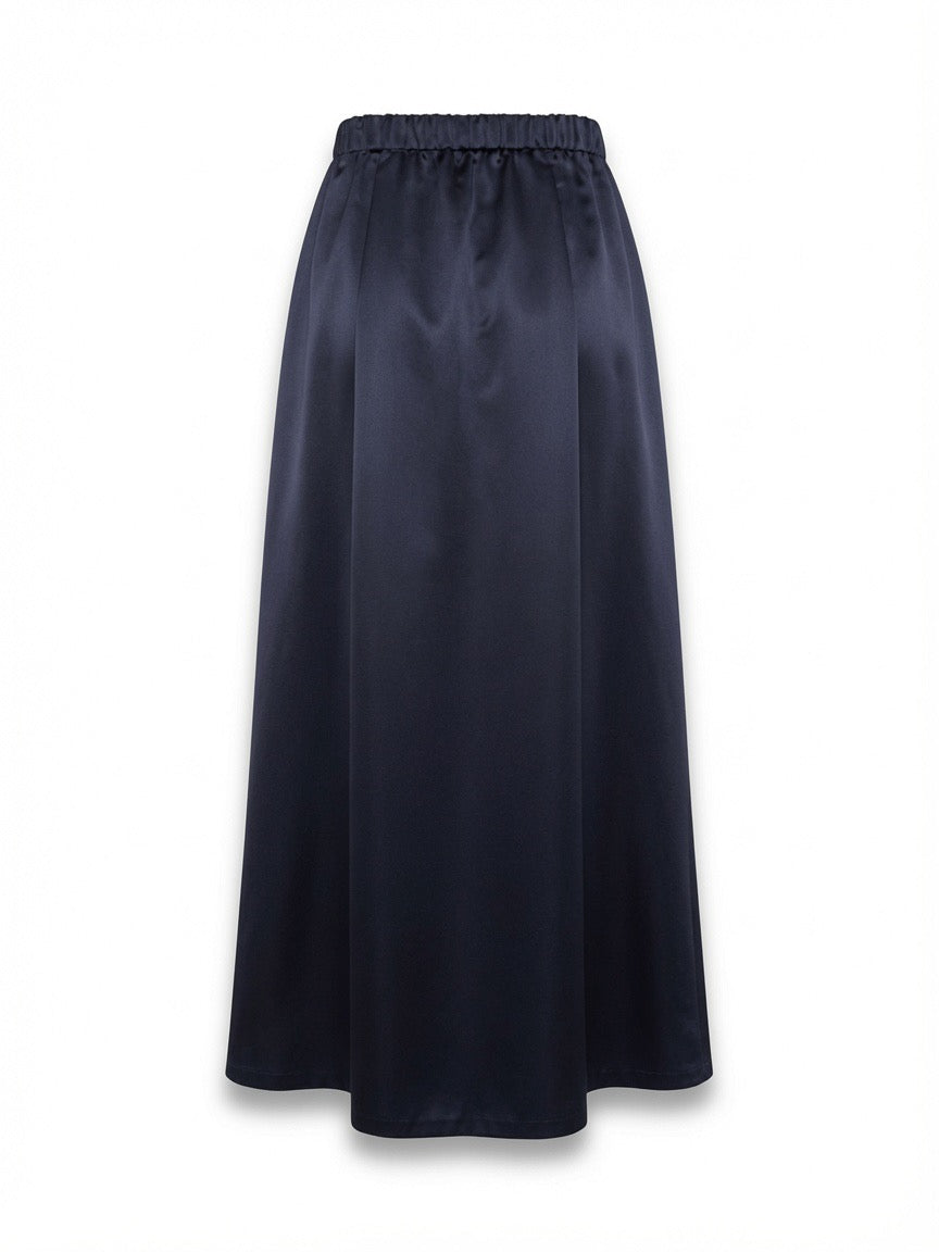 A dark navy blue satin maxi skirt with an elastic waistband back view.