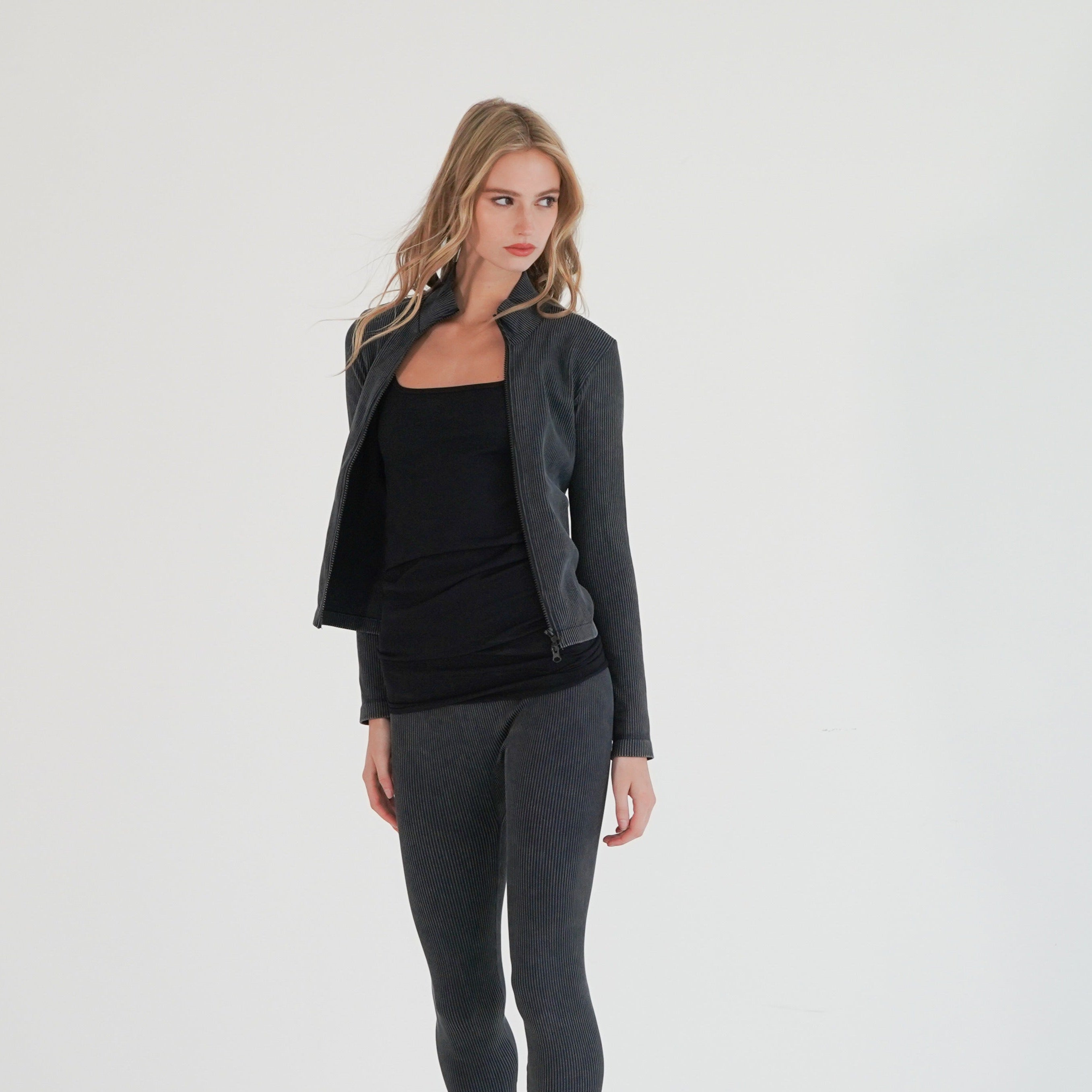 Lara top zip front detail — women's seamless rib knit close-up
