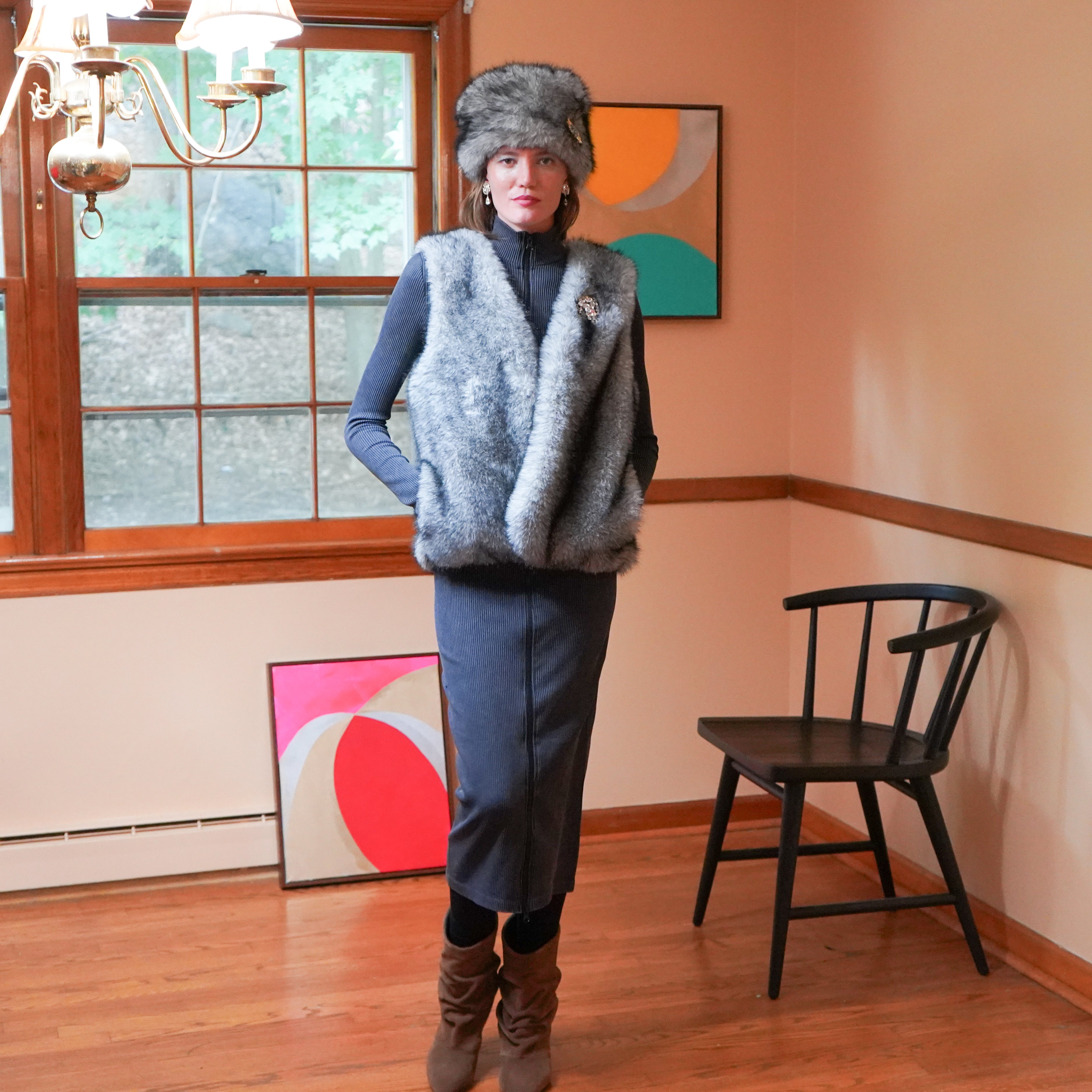 fur vest over long seamless rib dress