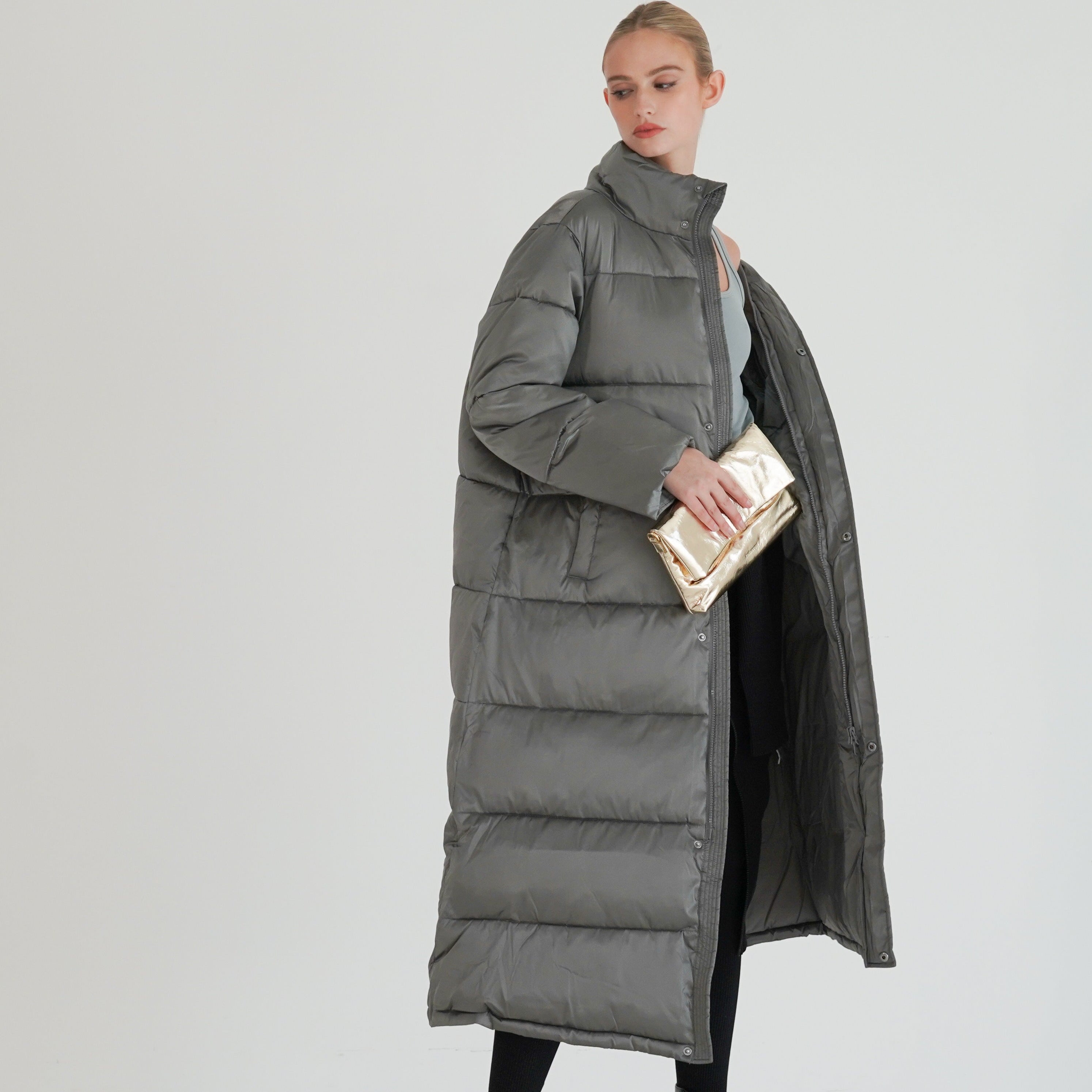 Margot long puffer quilted detail — women's oversized warm outerwear
