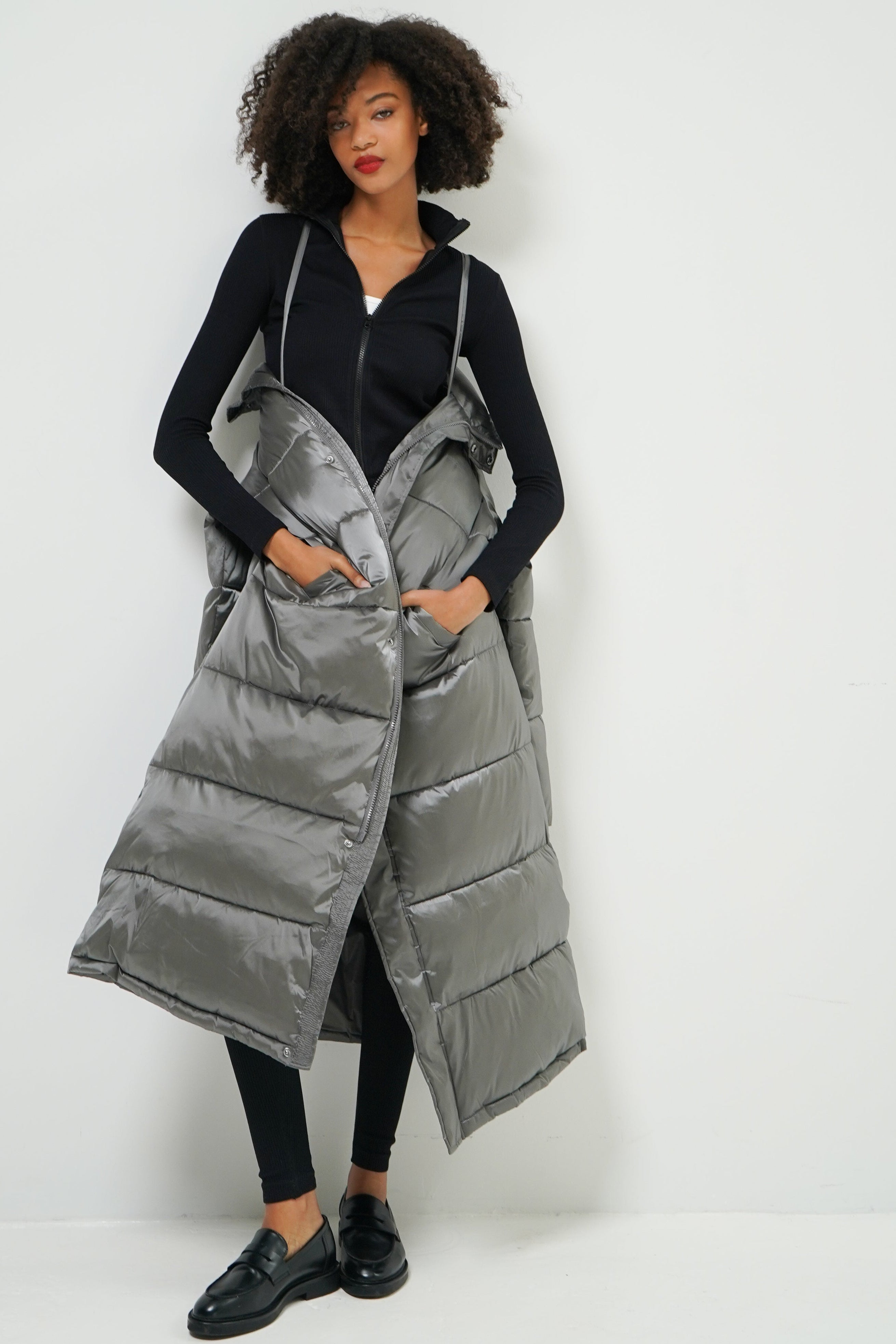 Margot long puffer quilted detail — women's oversized warm outerwear
