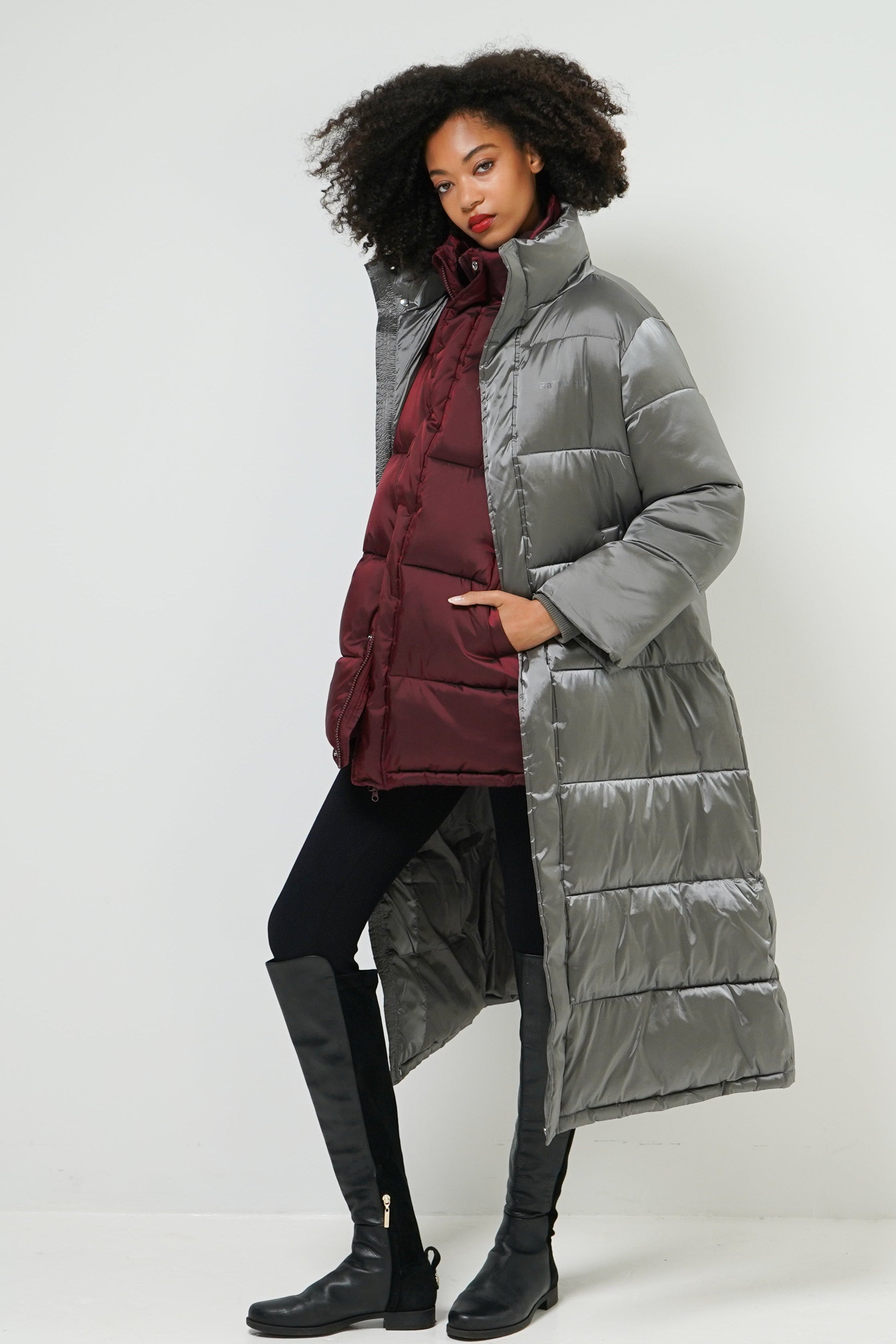 Margot long puffer quilted detail — women's oversized warm outerwear
