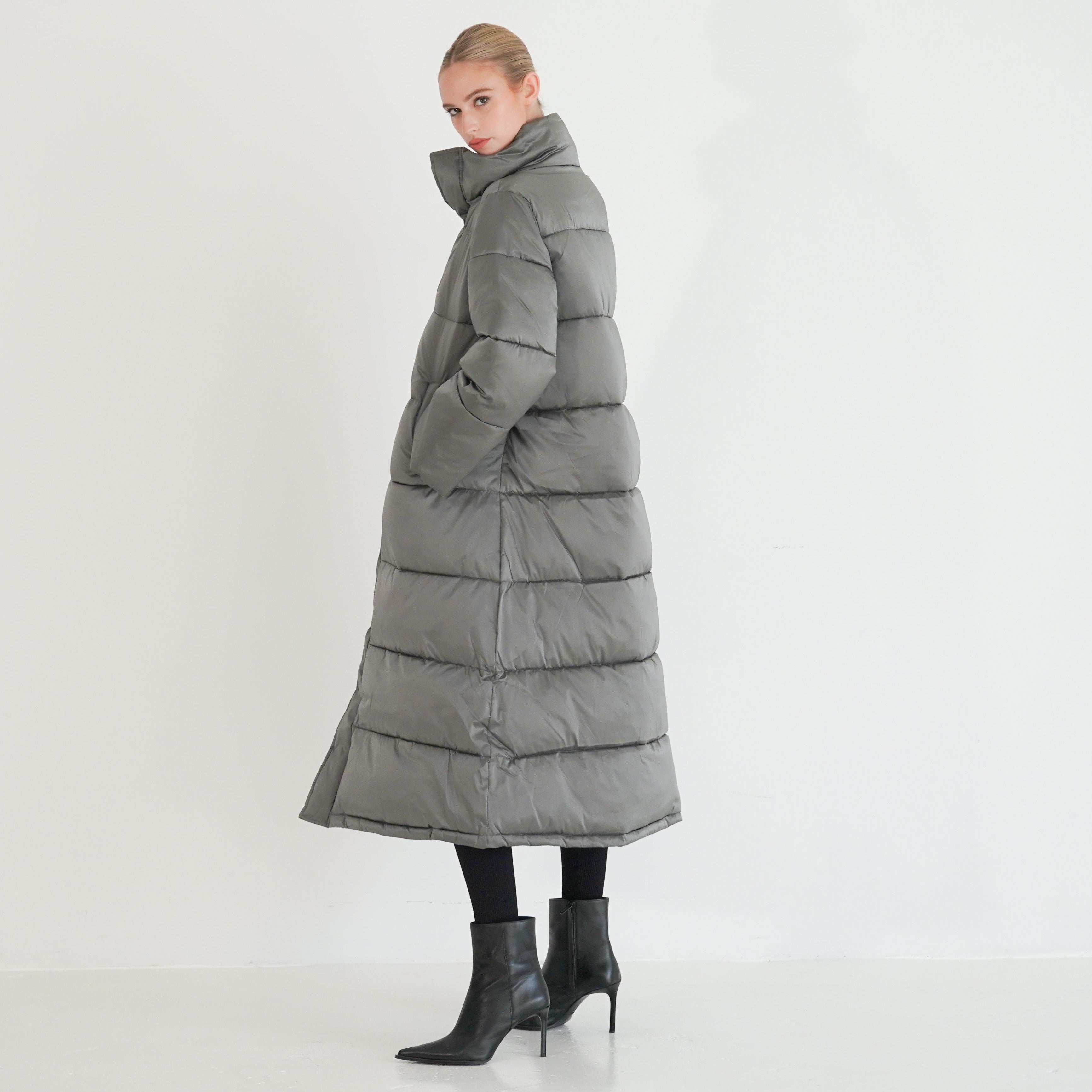 Margot long puffer quilted detail — women's oversized warm outerwear
