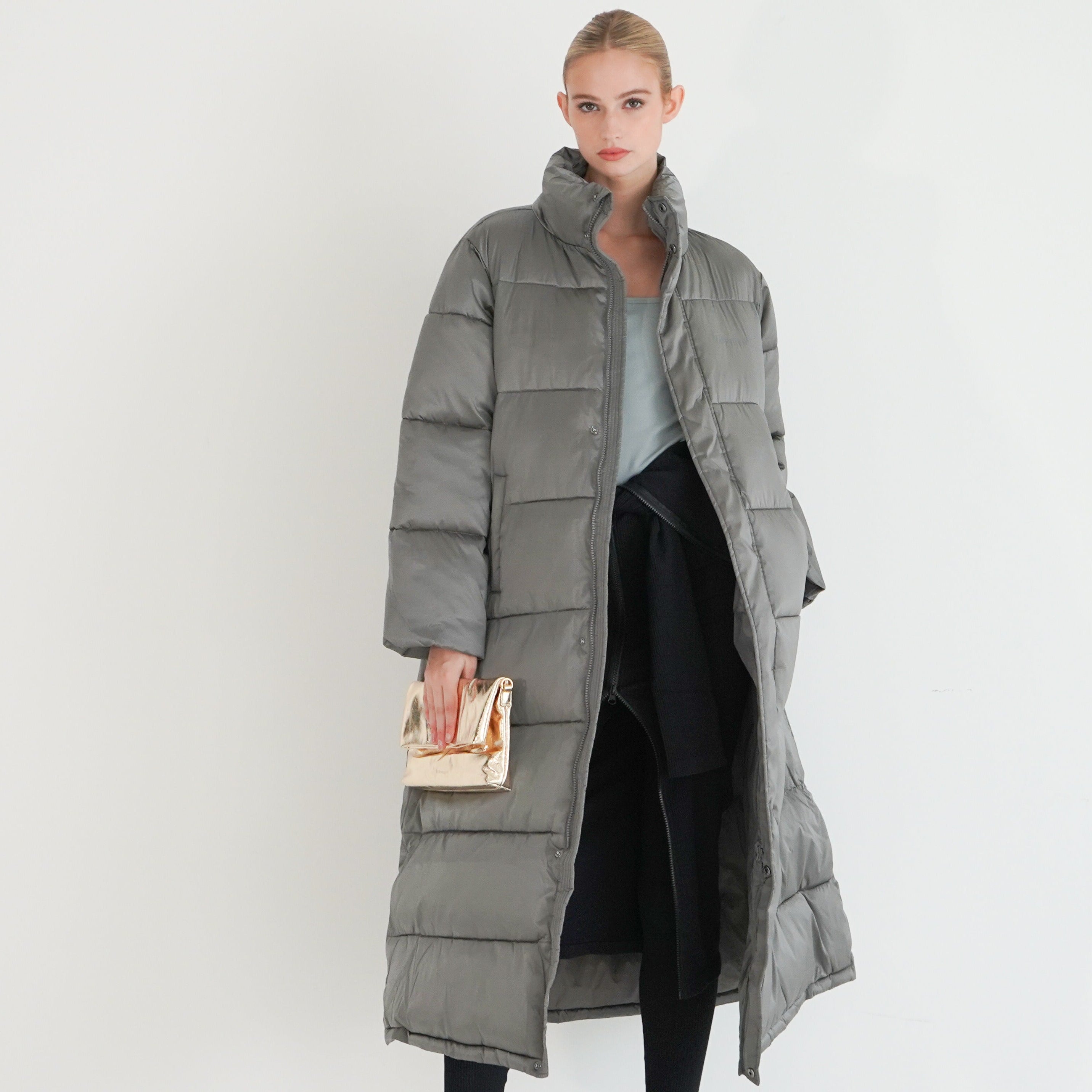 Margot long puffer quilted detail — women's oversized warm outerwear

