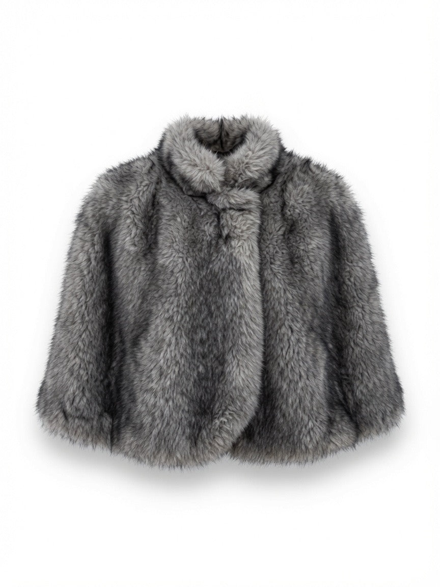 A gray faux fur Capelet with a Mandarin collar and front snap closure.