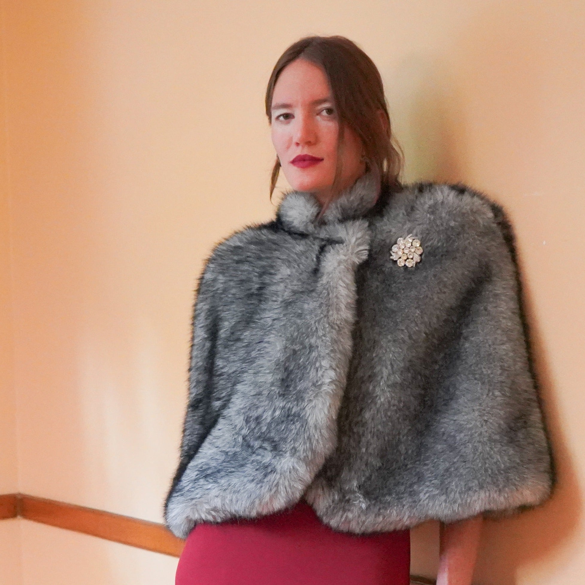 Grey faux fur capelet with vintage brooch