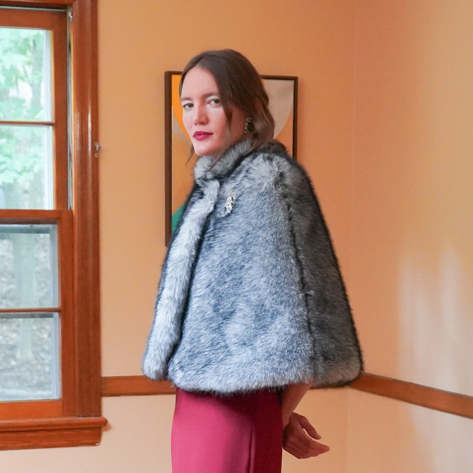 Meissa faux fur capelet with vintage brooch