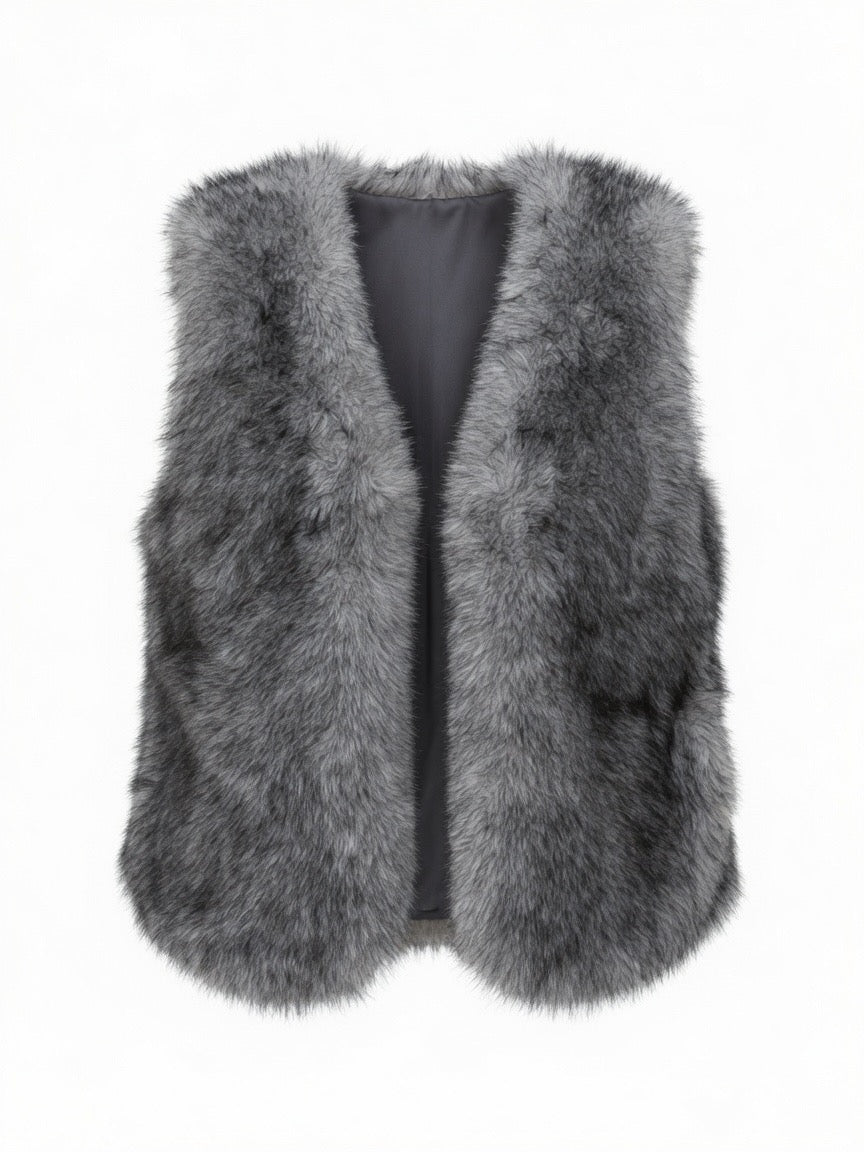 Gray faux fur vest with dark gray inner lining and side pockets
