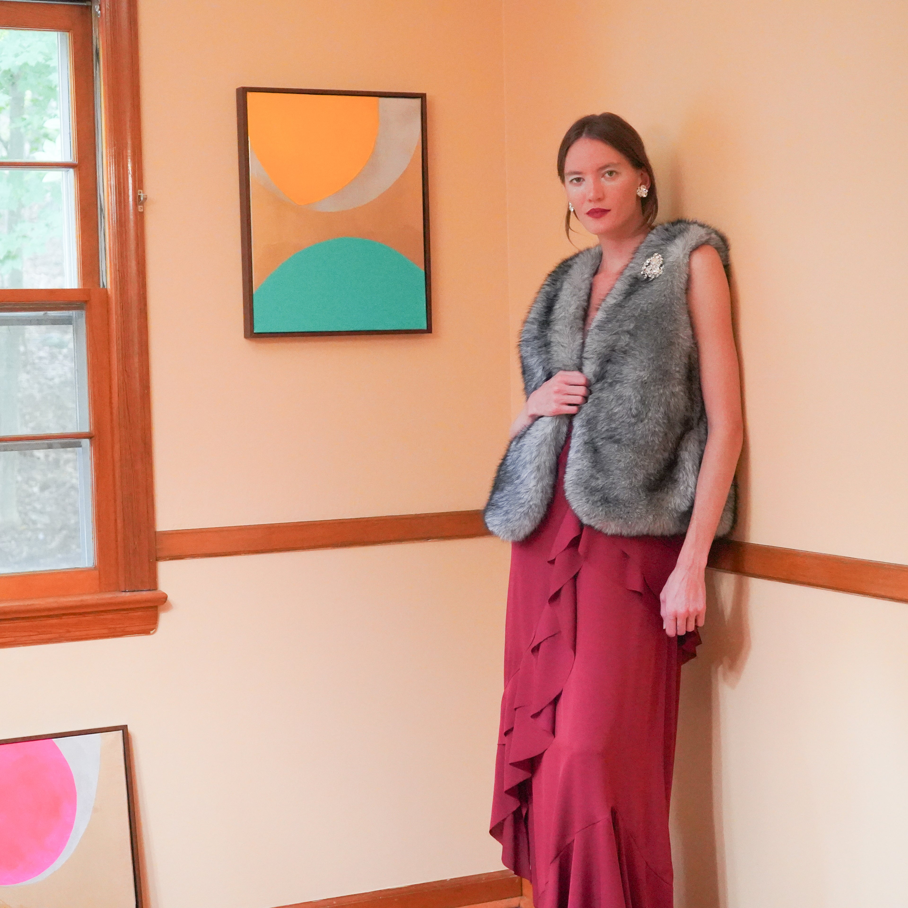Mimosa Faux fur vest over Capella maxi dress