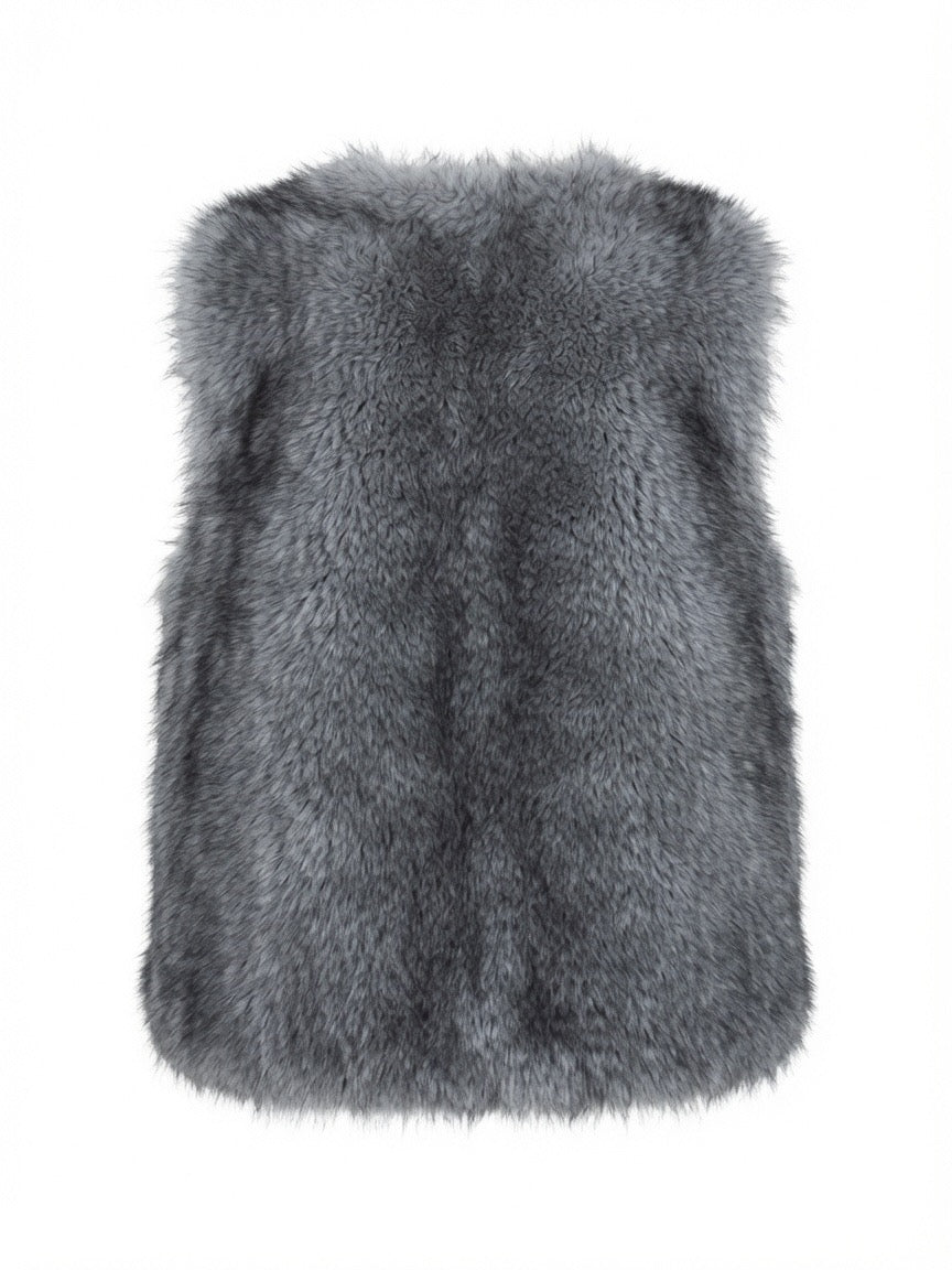 A sleeveless gray faux fur vest back view
