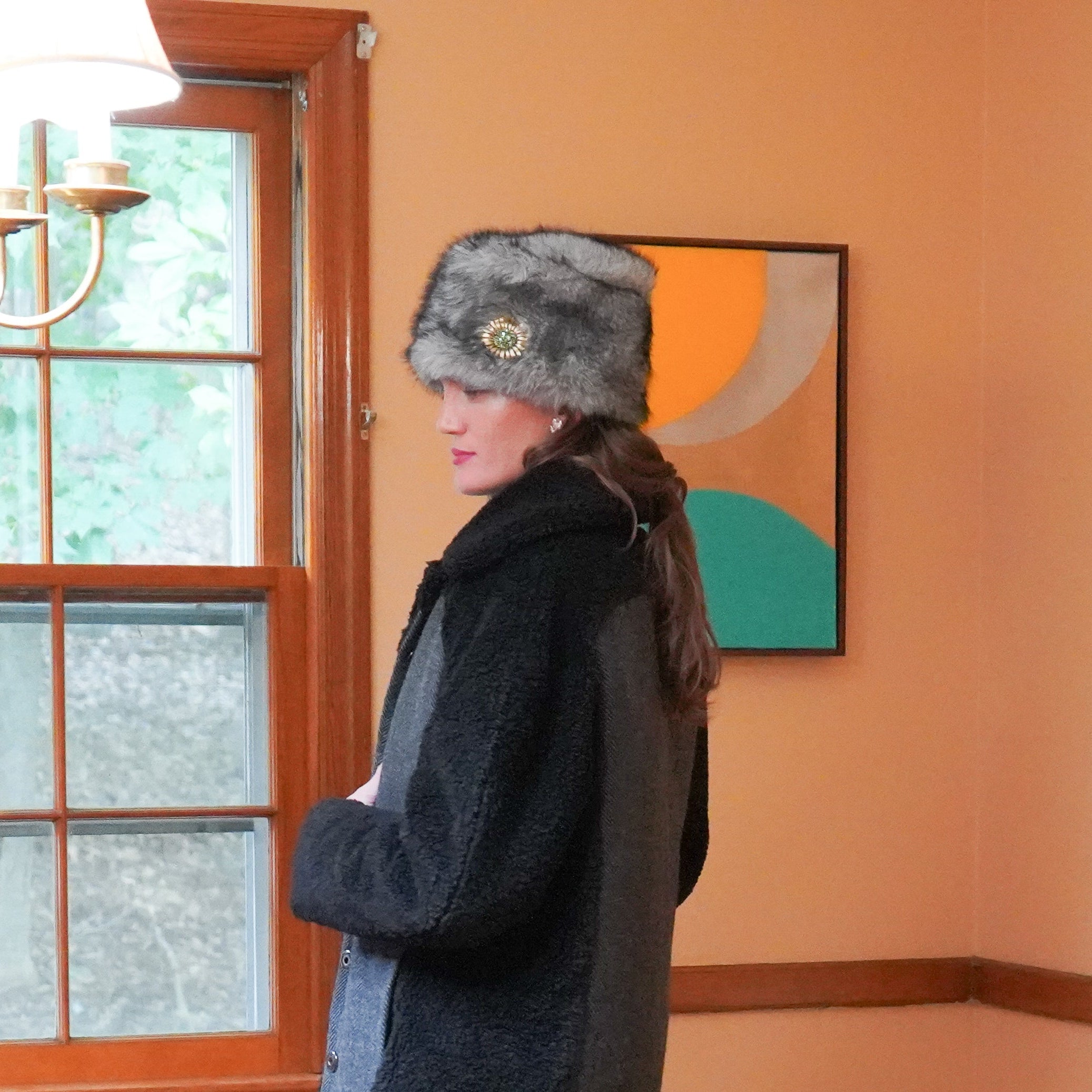 Mira faux fur hat with vintage brooch