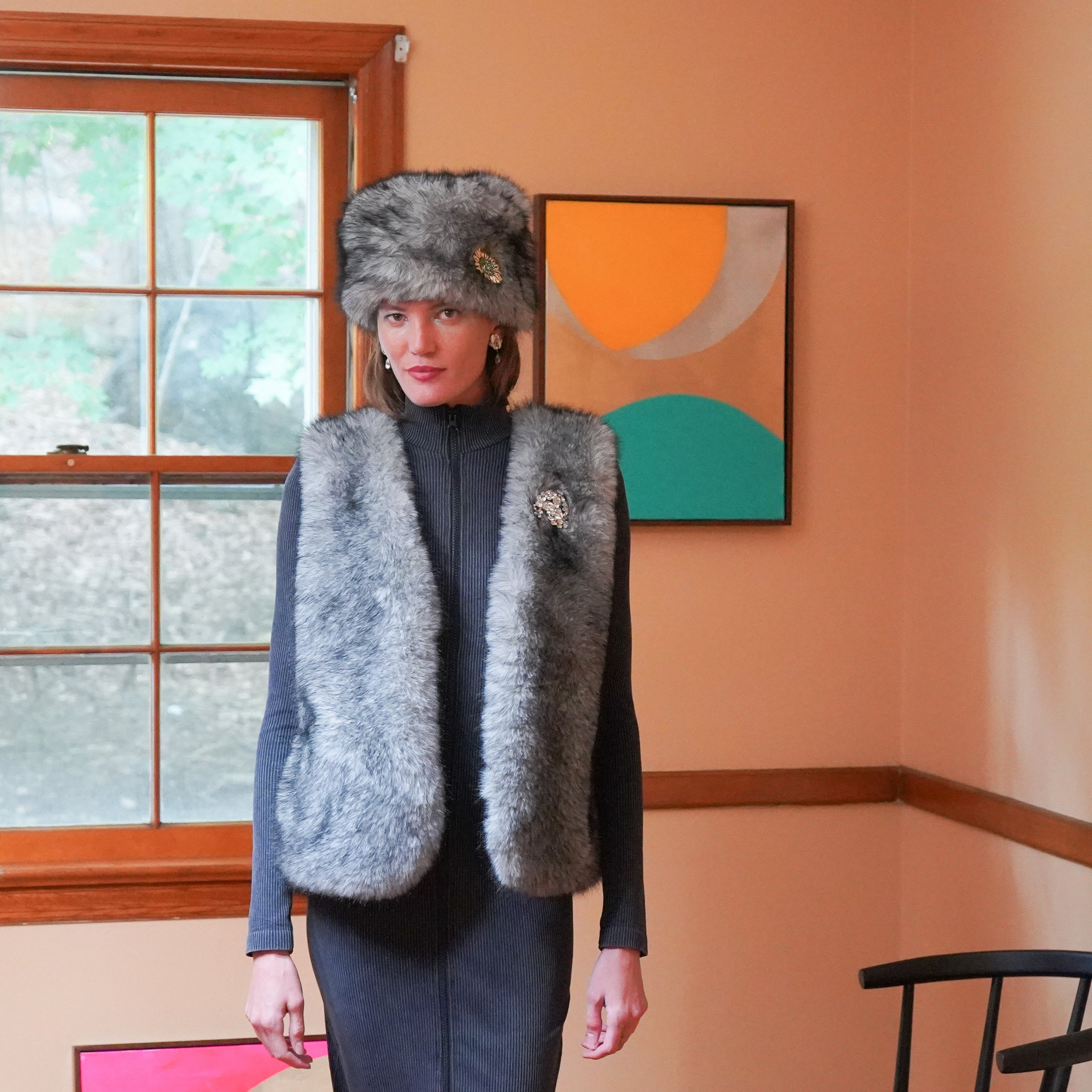 Mira faux fur hat with vintage brooch