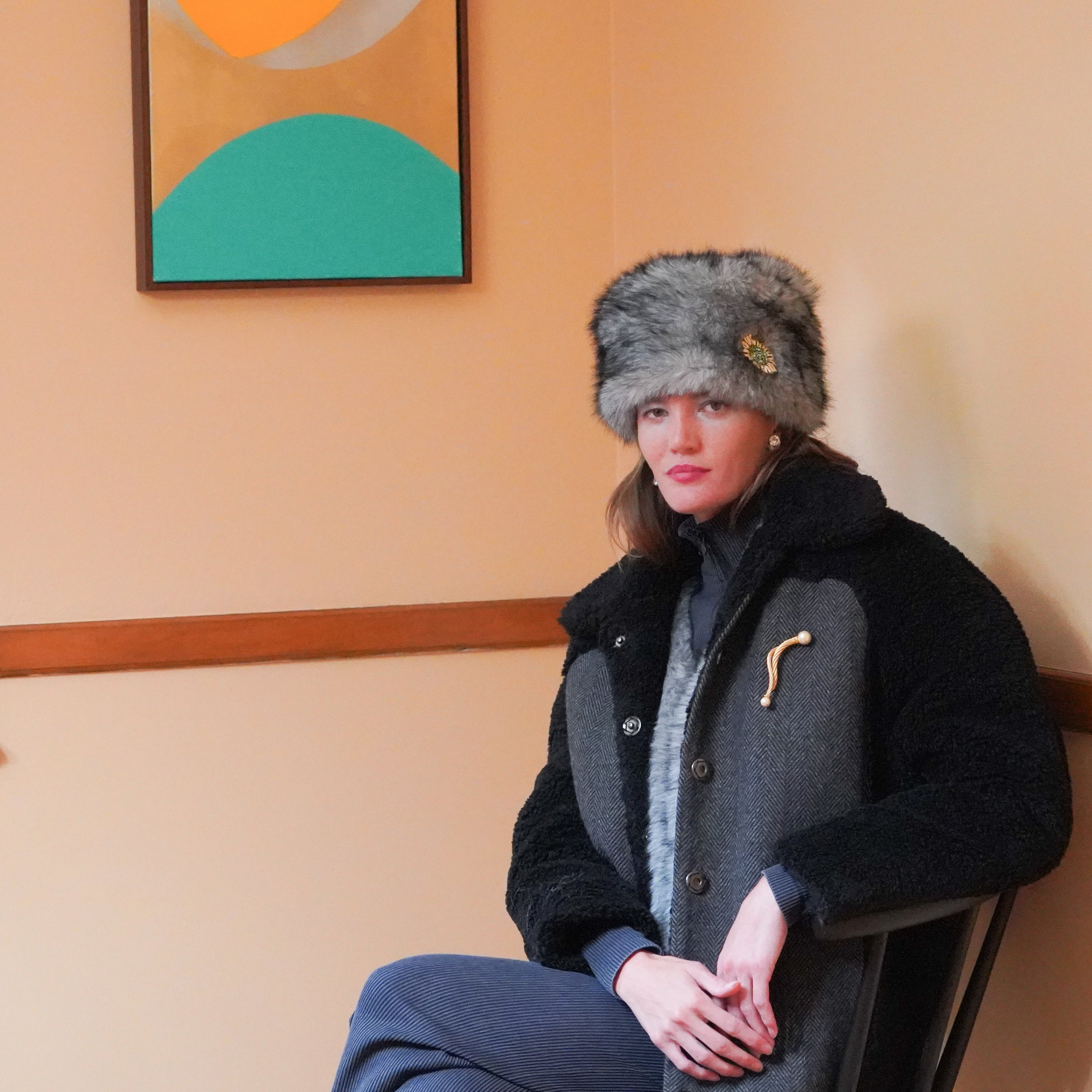 Mira faux fur hat with vintage brooch