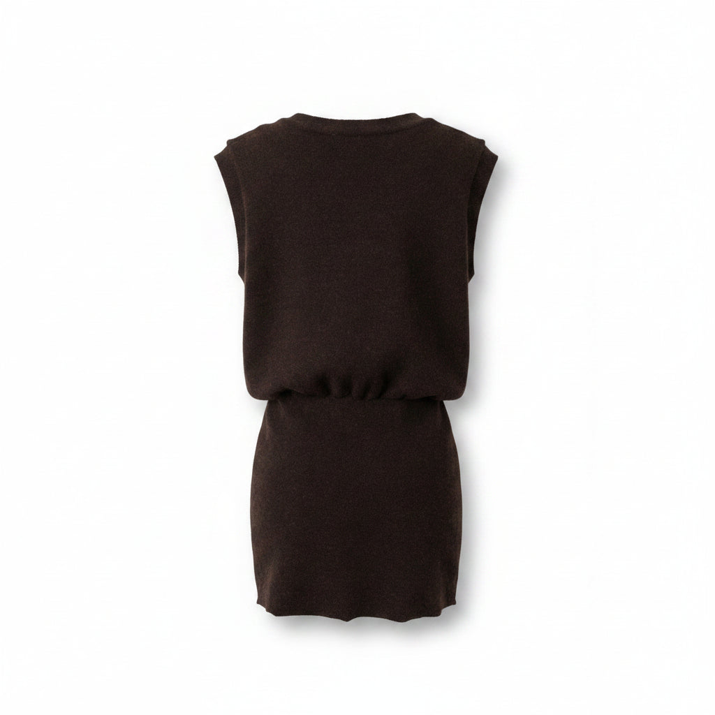 A sleeveless knit dress in a dark brown color.