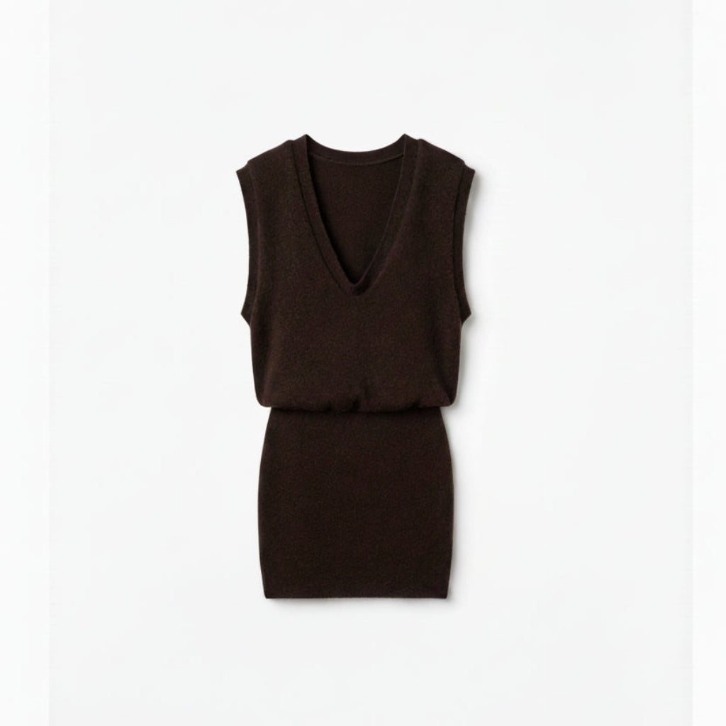 A dark brown knit sleeveless Dress with a deep V-neckline.
