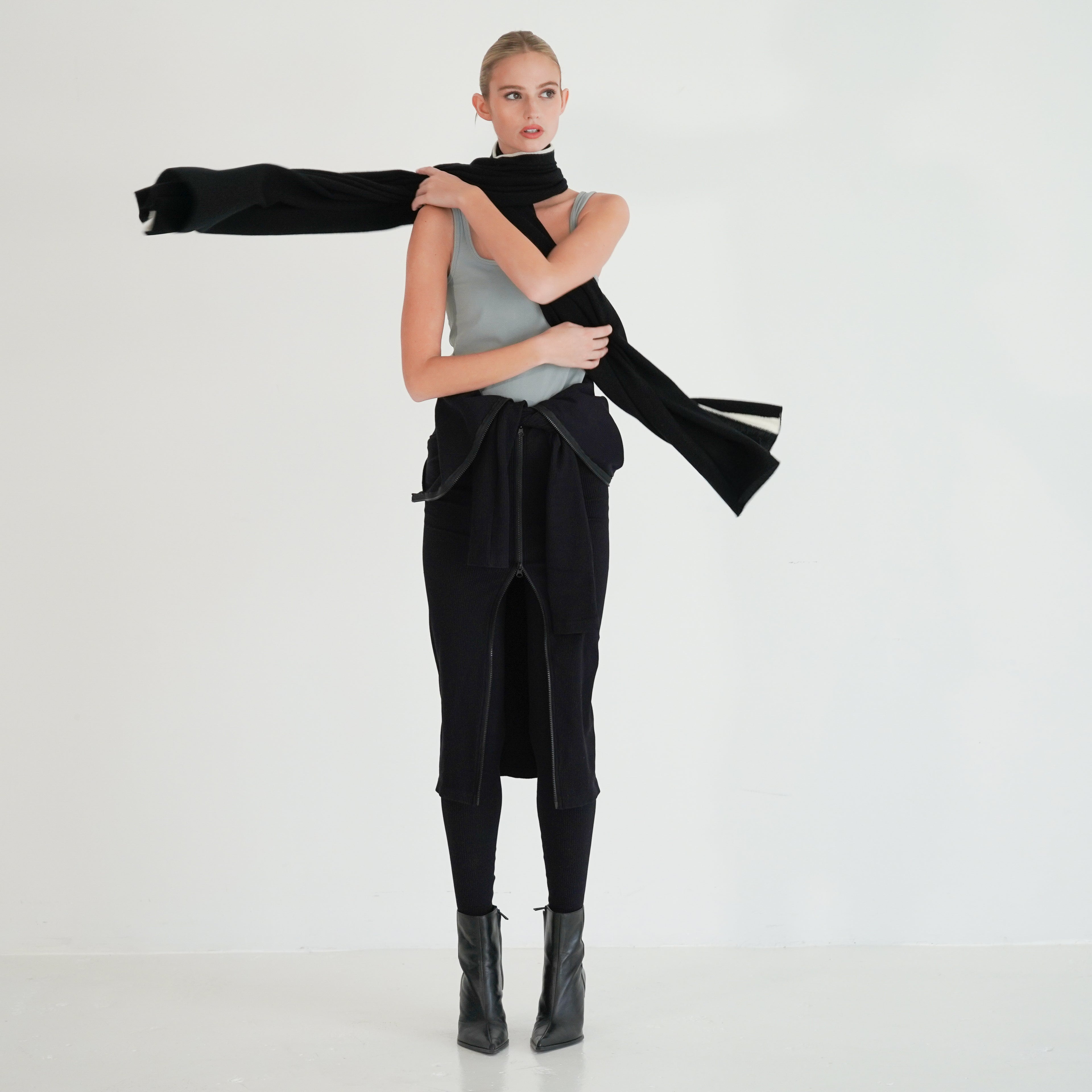 Noah cashmere scarf Styled with Lauren dress